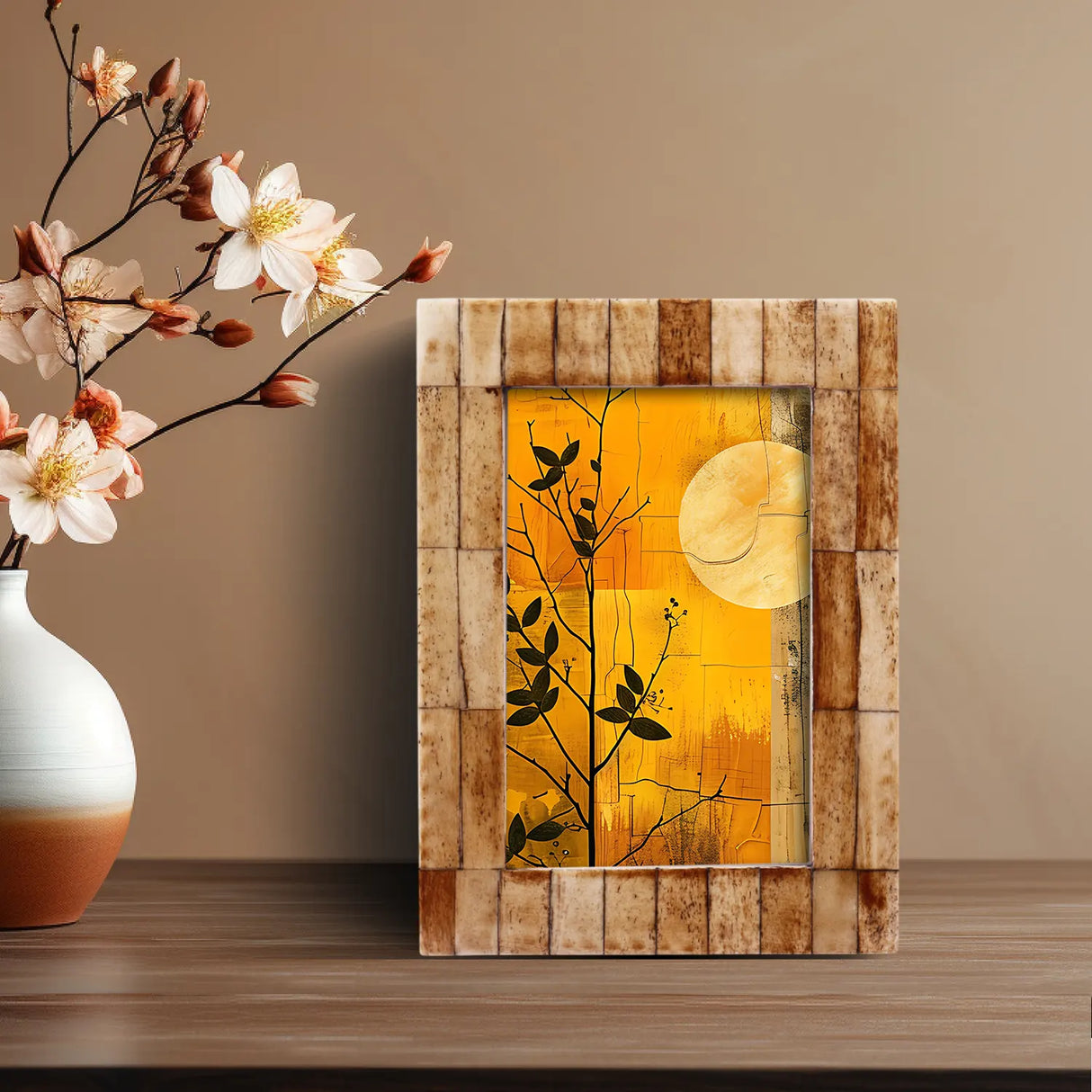 Antique Tile Brown Bone Inlay Frame - Desk & Wall Display, 2 Sizes