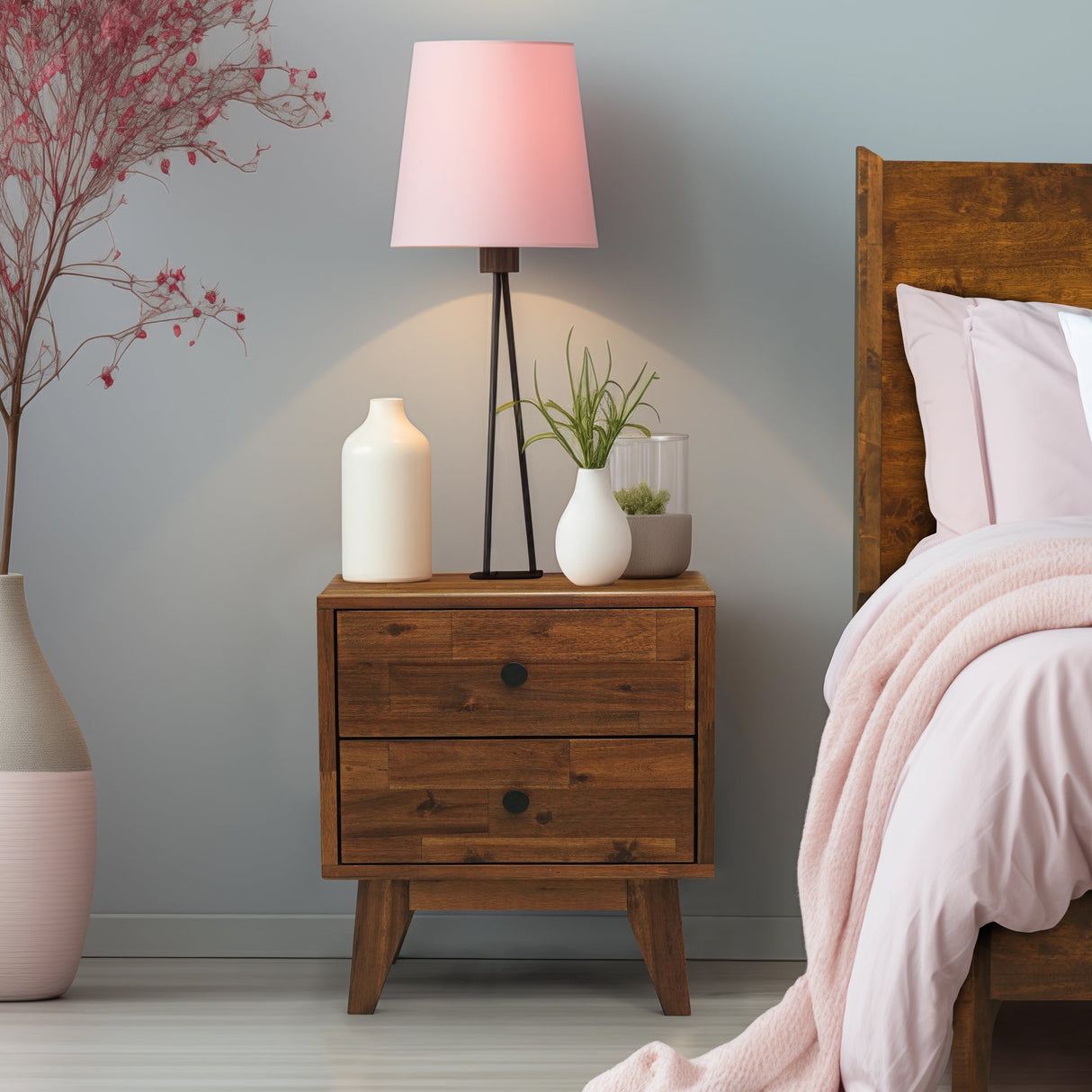 Acacia Silvia 2-Drawer Solid Wood Nightstand for Modern Bedrooms