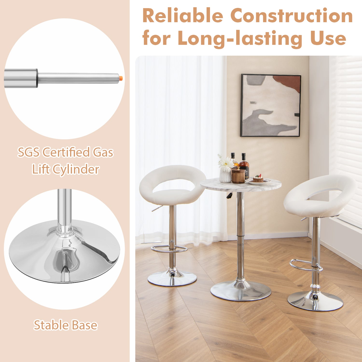 Height Adjustable Bar Stools Set of 2 with Hollow Back and Footrest