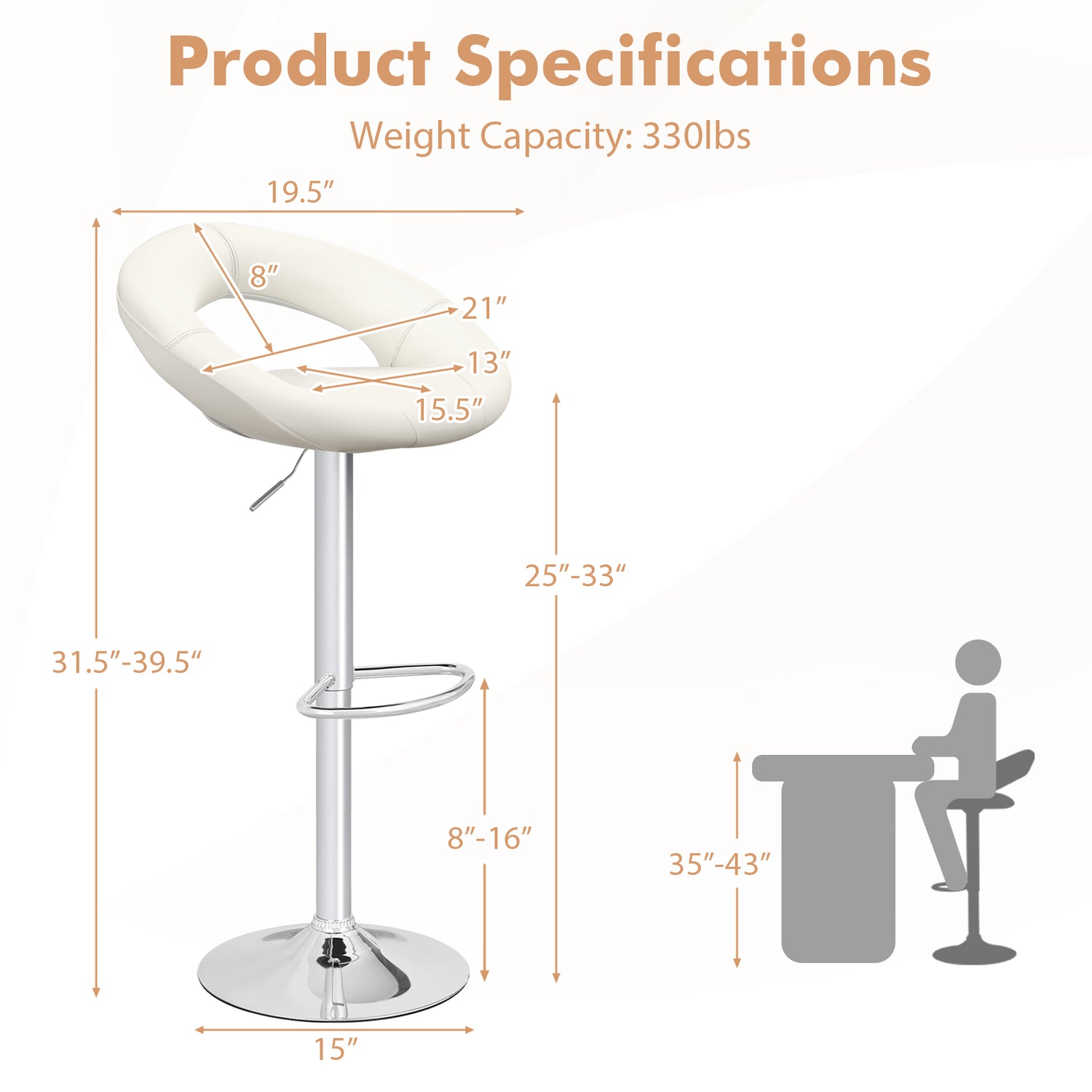 Height Adjustable Bar Stools Set of 2 with Hollow Back and Footrest