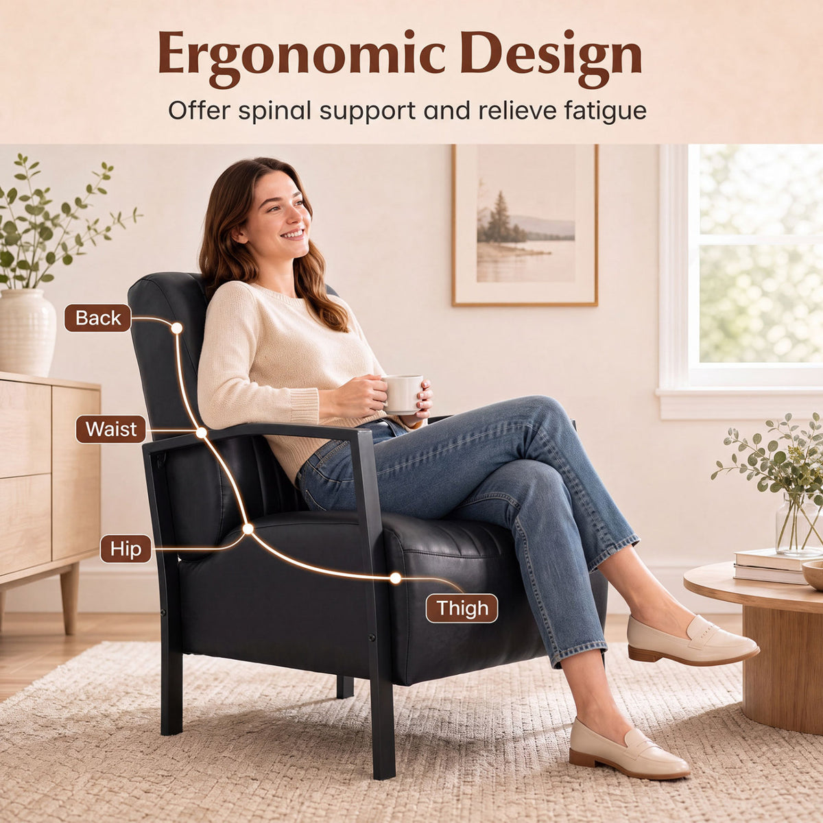 PU Leather Upholstered Armchair with Padded Seat and Back Comfy Lounge Reading Chair