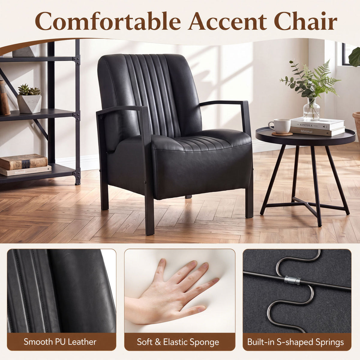PU Leather Upholstered Armchair with Padded Seat and Back Comfy Lounge Reading Chair