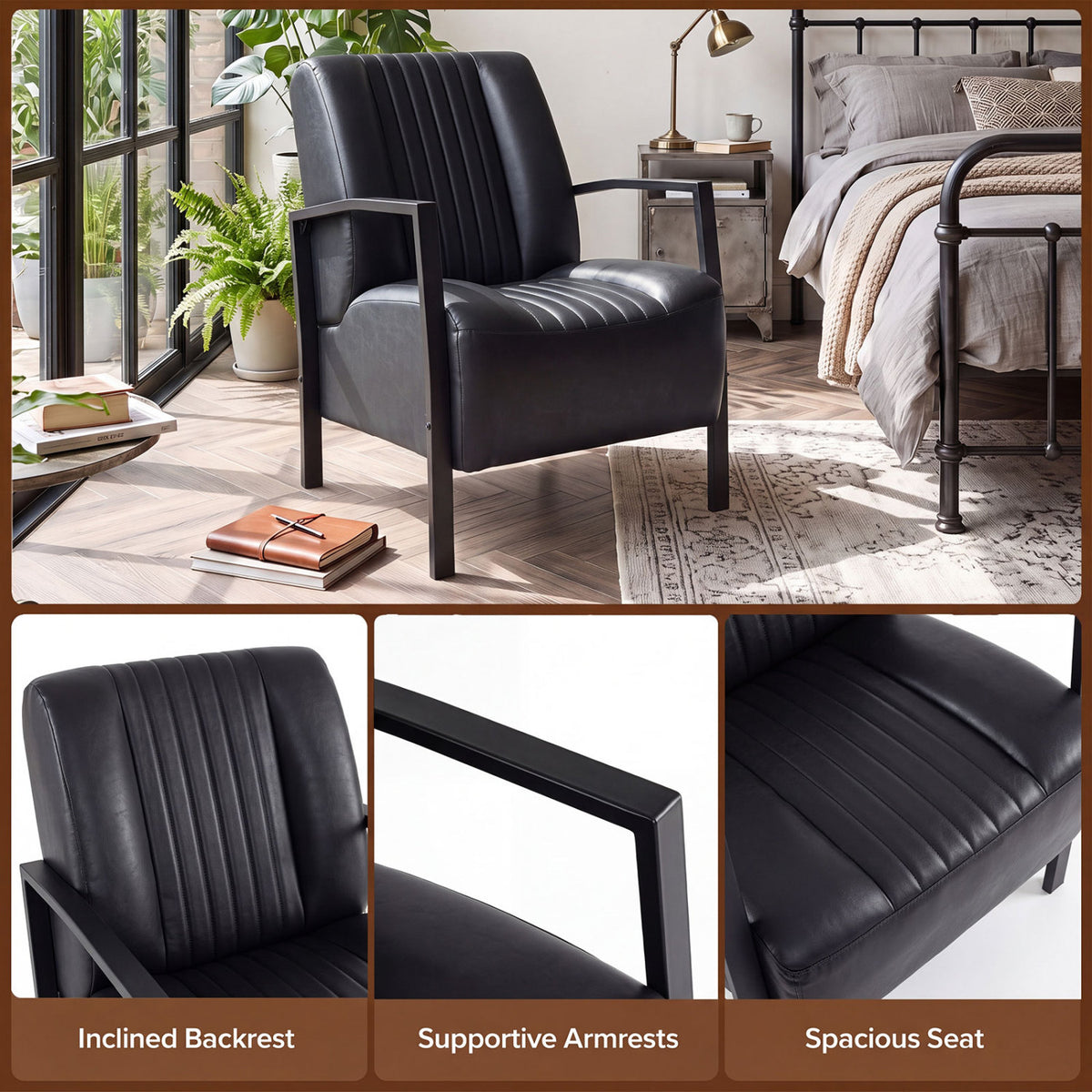 PU Leather Upholstered Armchair with Padded Seat and Back Comfy Lounge Reading Chair