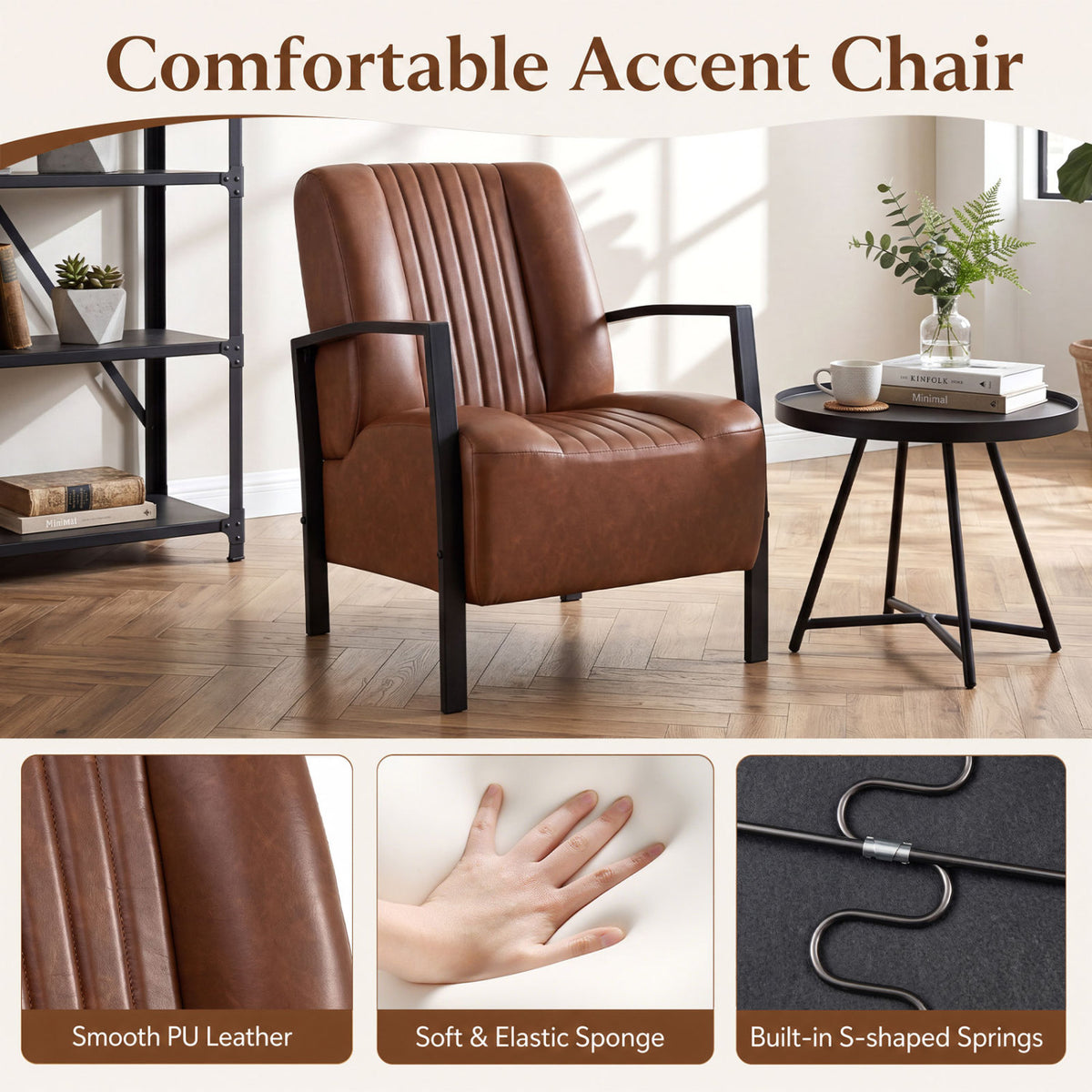PU Leather Upholstered Armchair with Padded Seat and Back Comfy Lounge Reading Chair