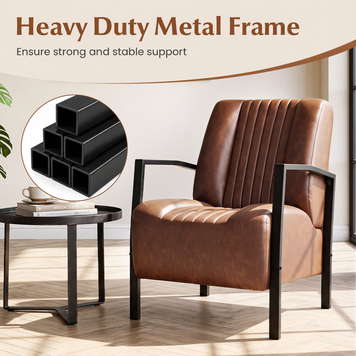 PU Leather Upholstered Armchair with Padded Seat and Back Comfy Lounge Reading Chair