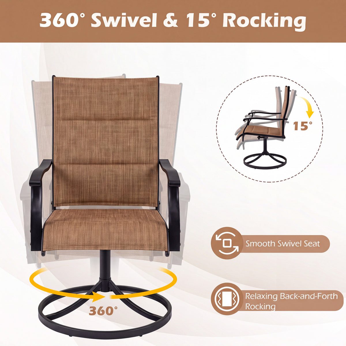 Padded Patio Swivel Chairs Set of 2 Ergonomic Outdoor Dining Chairs with Breathable Fabric