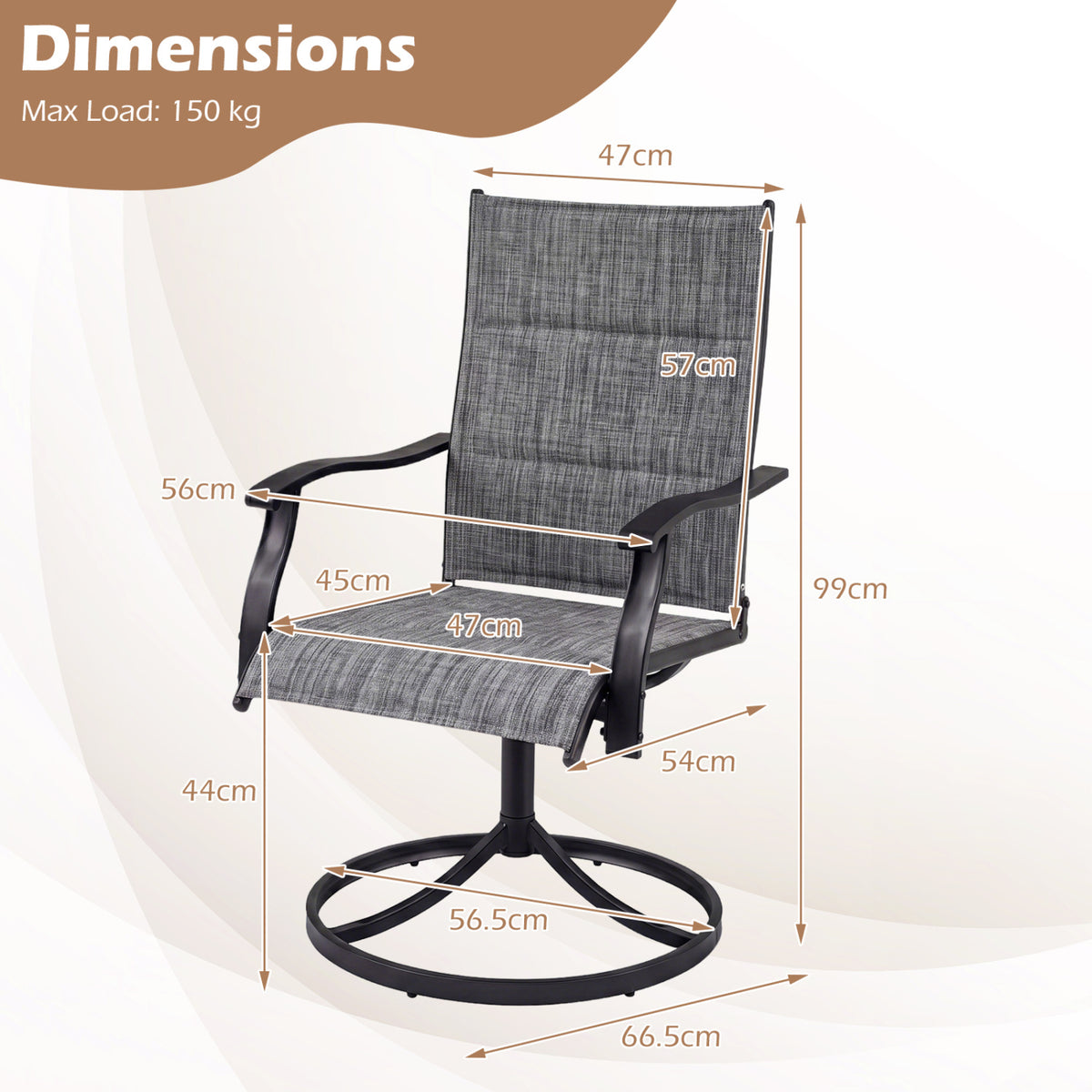 Padded Patio Swivel Chairs Set of 2 Ergonomic Outdoor Dining Chairs with Breathable Fabric