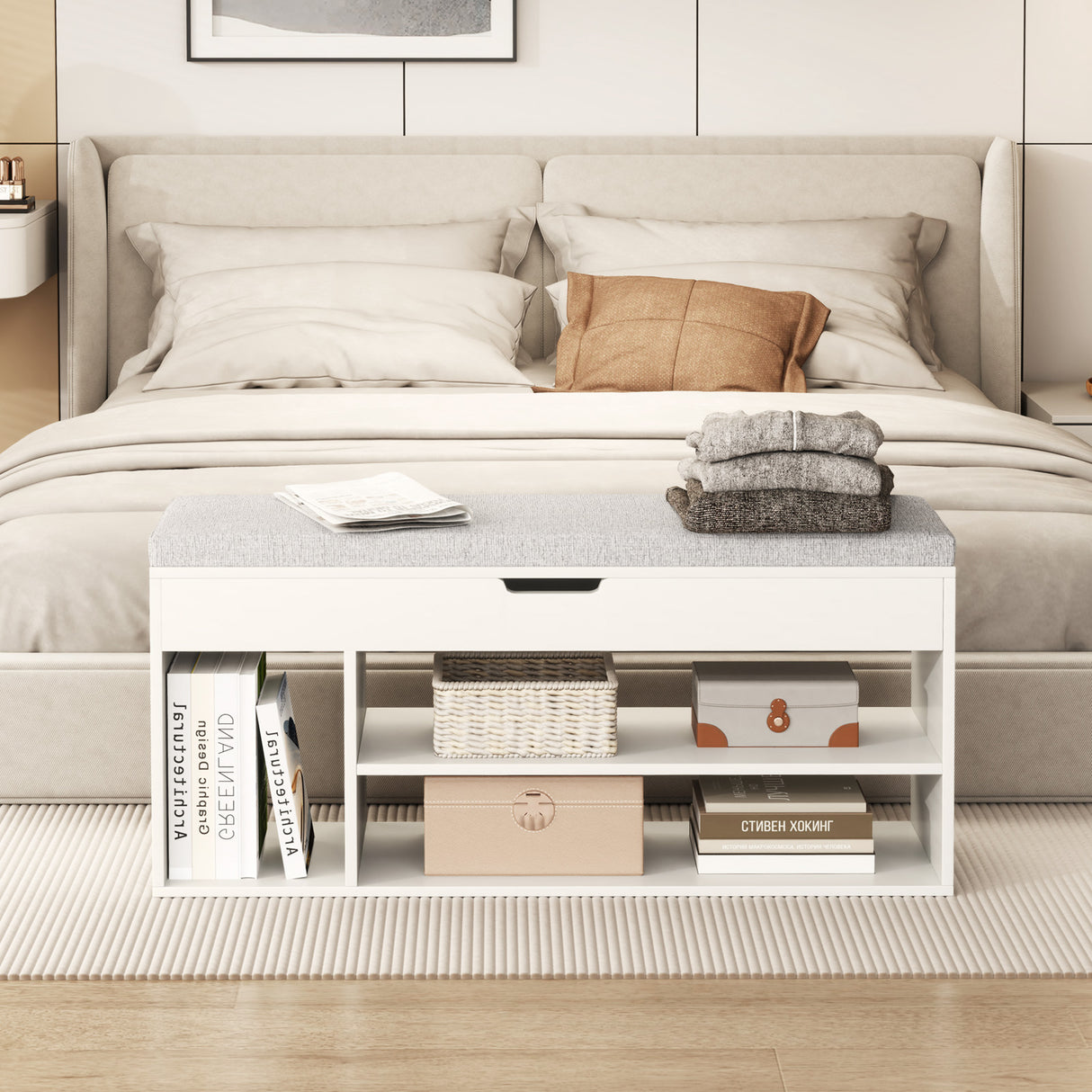 Padded Seat Shoe Bench with Hidden Storage and 3 Open Shelves