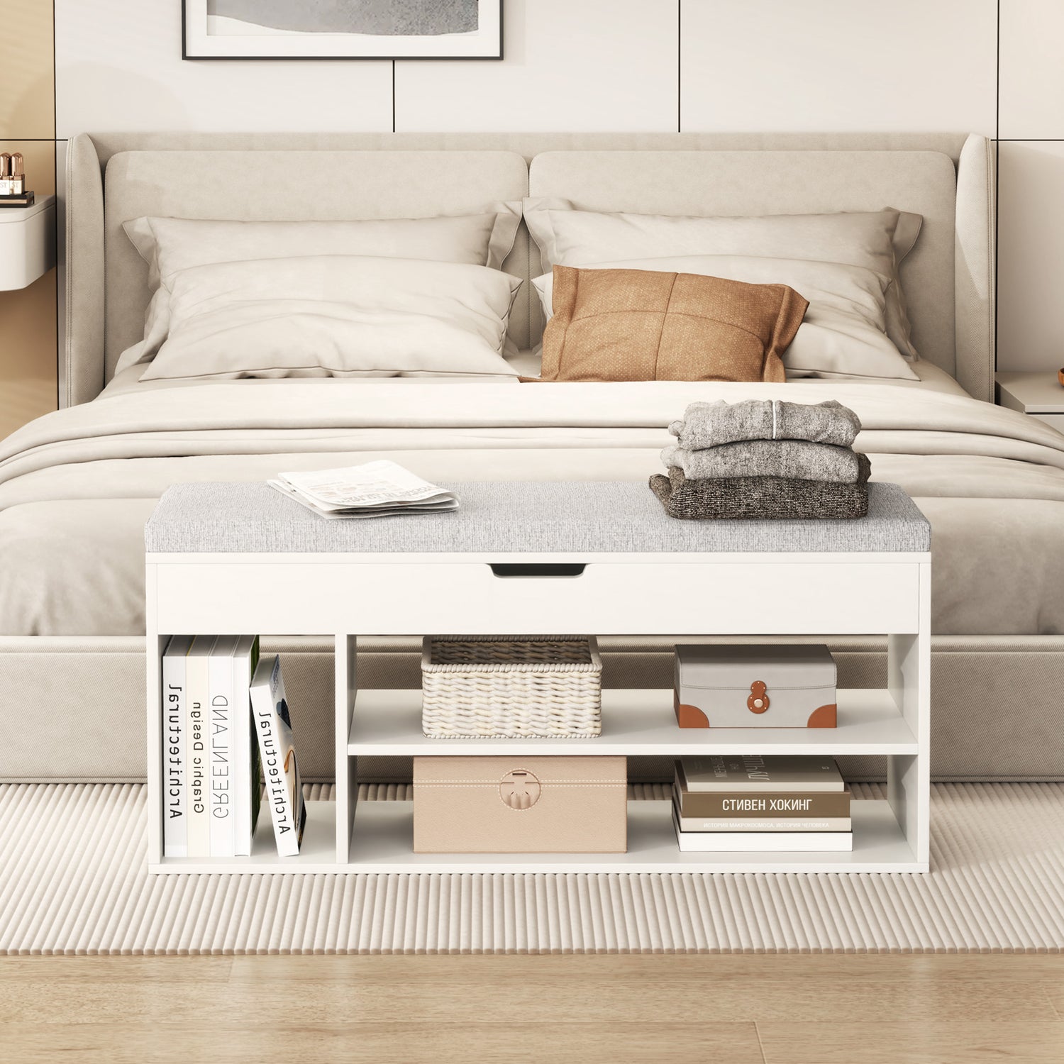 Padded Seat Shoe Bench with Hidden Storage and 3 Open Shelves