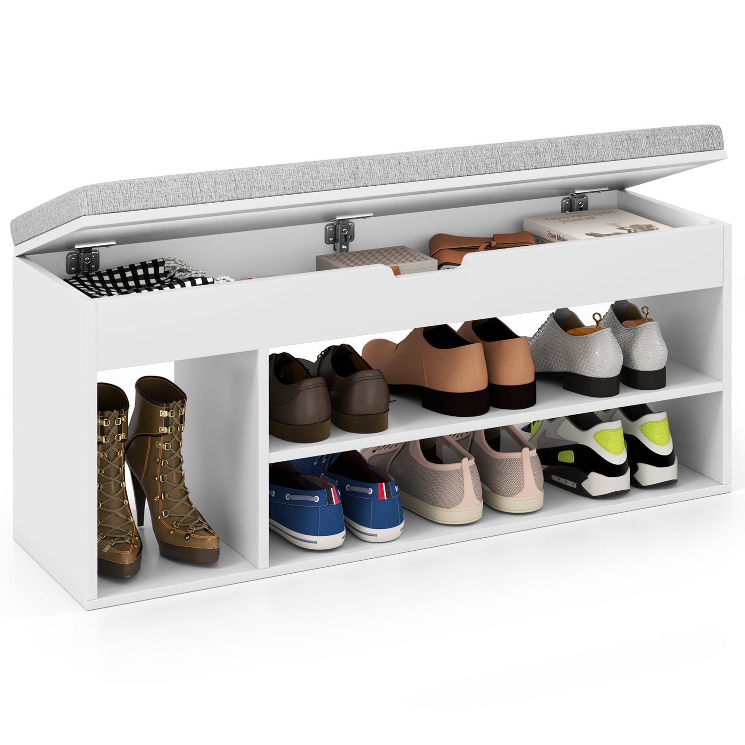 Padded Seat Shoe Bench with Hidden Storage and 3 Open Shelves