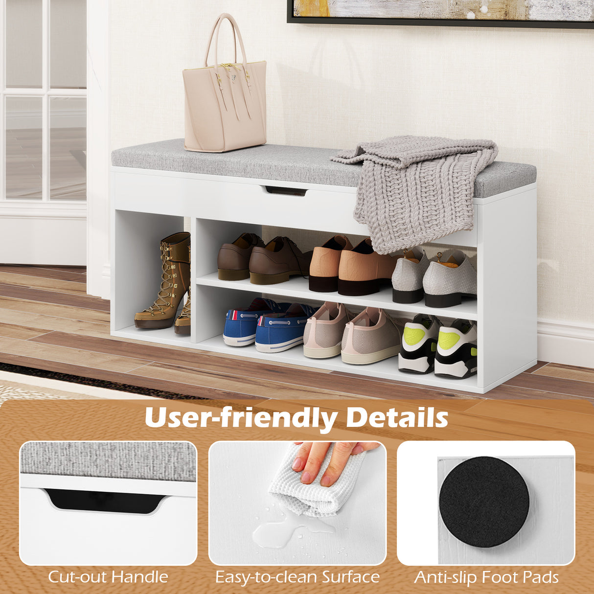 Padded Seat Shoe Bench with Hidden Storage and 3 Open Shelves