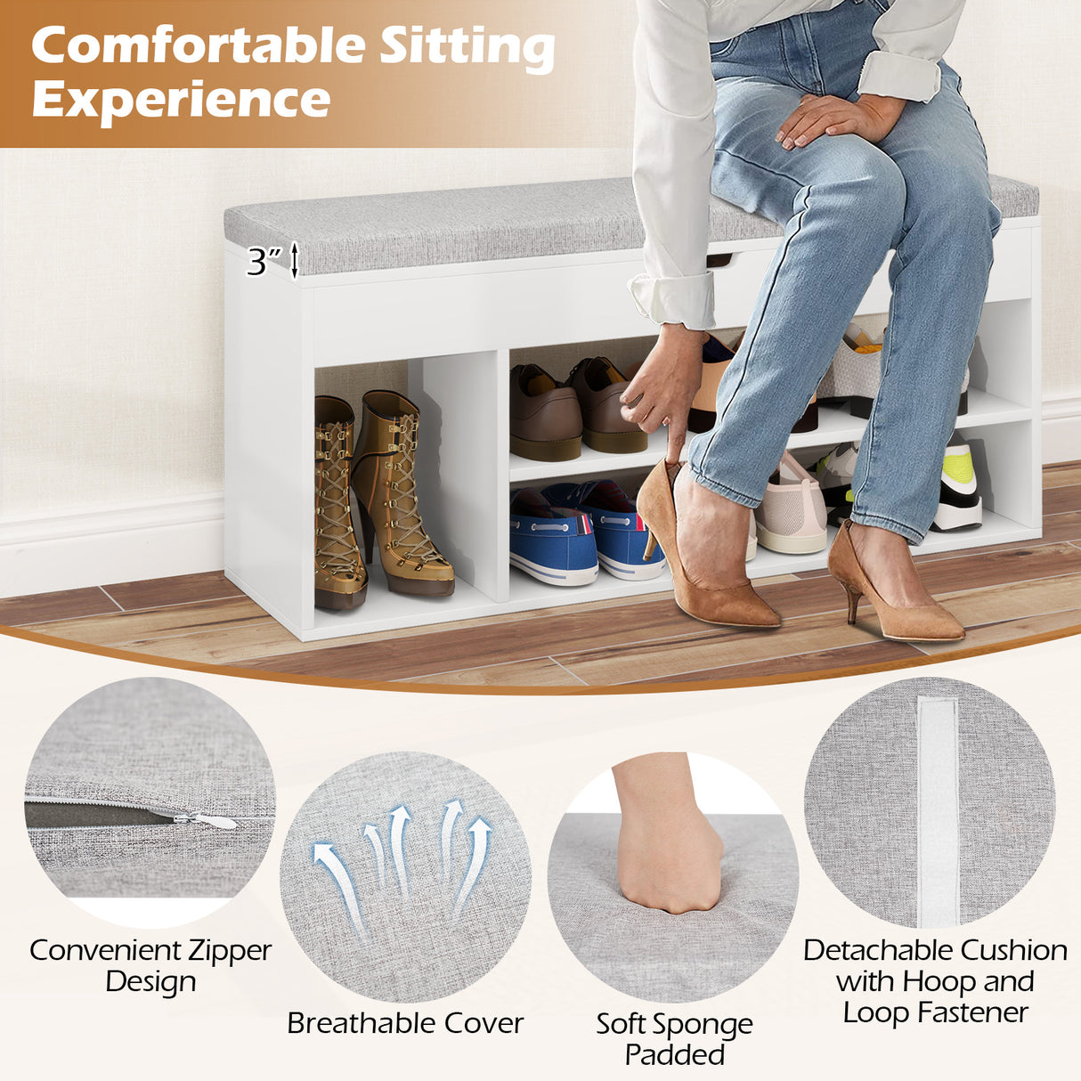 Padded Seat Shoe Bench with Hidden Storage and 3 Open Shelves