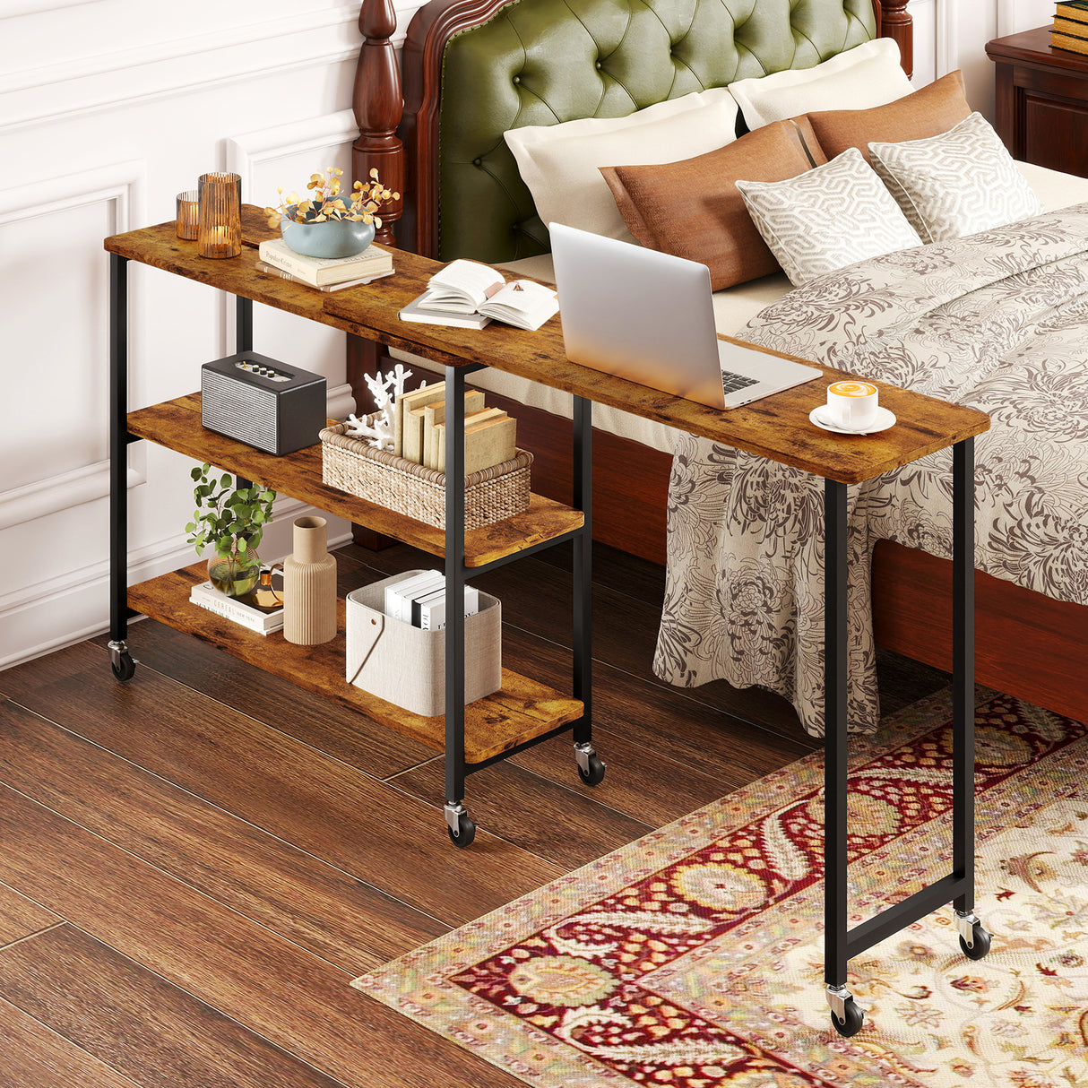 Large 360-Degree Free Rotating Sofa Side Table with Wheels and Storage Shelf