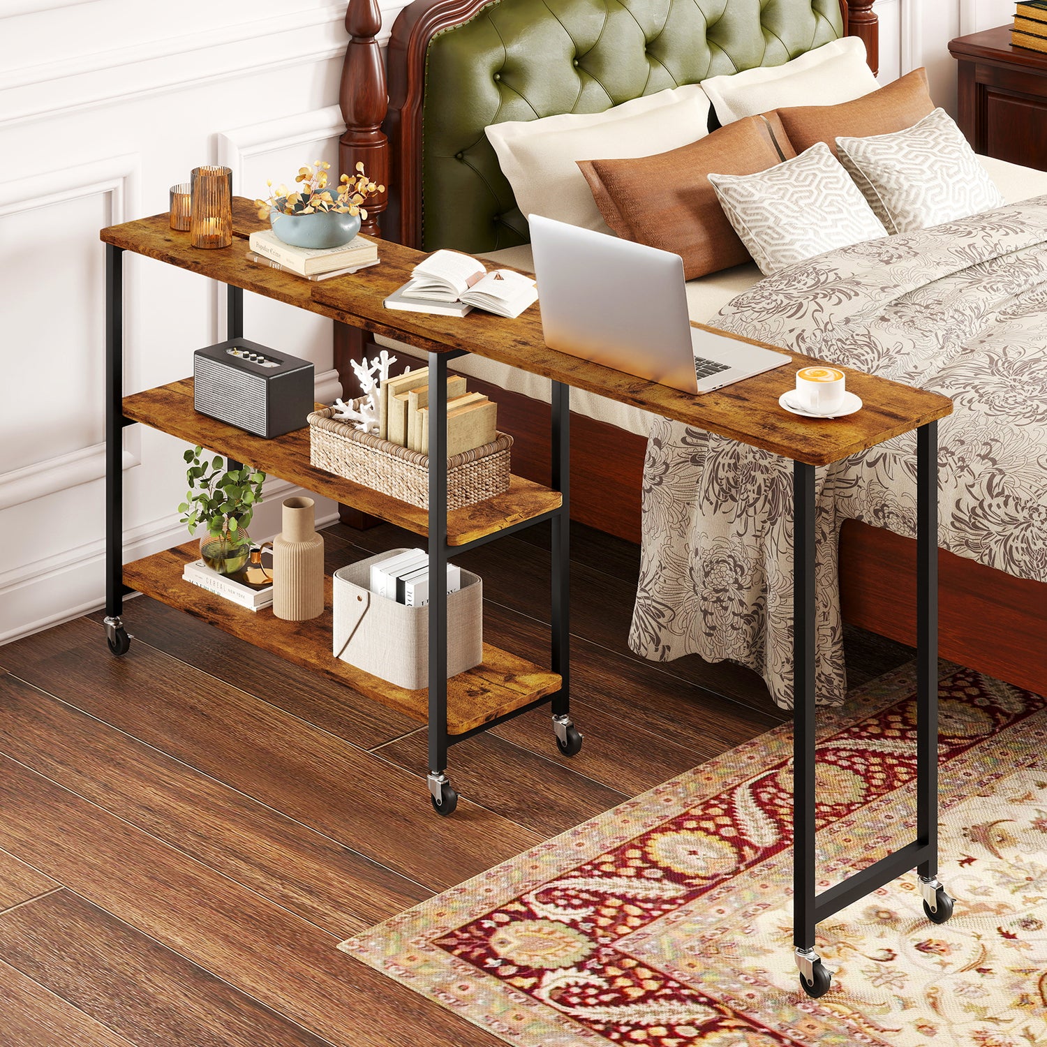 Large 360-Degree Free Rotating Sofa Side Table with Wheels and Storage Shelf
