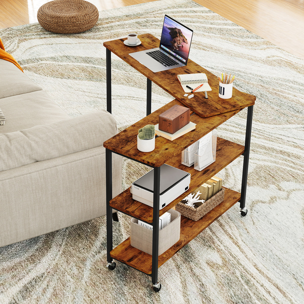 Large 360-Degree Free Rotating Sofa Side Table with Wheels and Storage Shelf