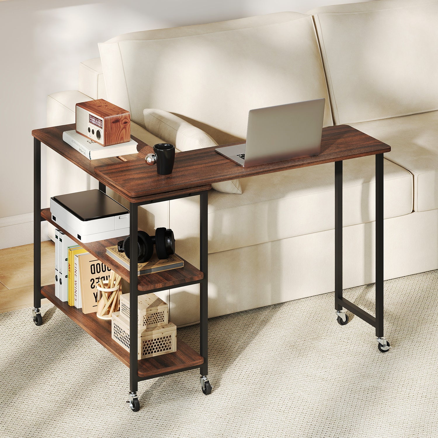 Large 360-Degree Free Rotating Sofa Side Table with Wheels and Storage Shelf