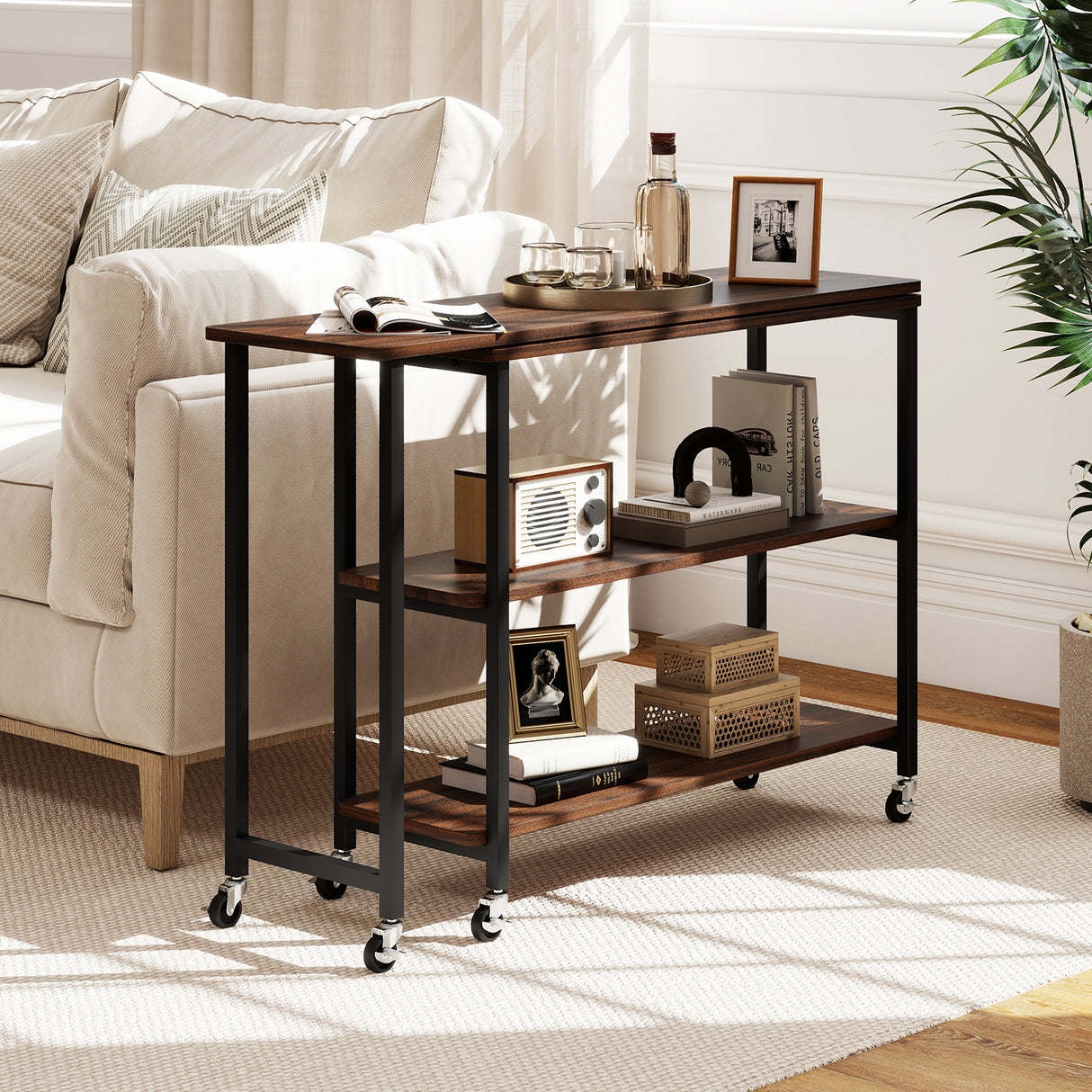 Large 360-Degree Free Rotating Sofa Side Table with Wheels and Storage Shelf