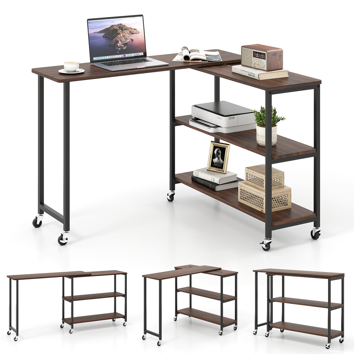 Large 360-Degree Free Rotating Sofa Side Table with Wheels and Storage Shelf