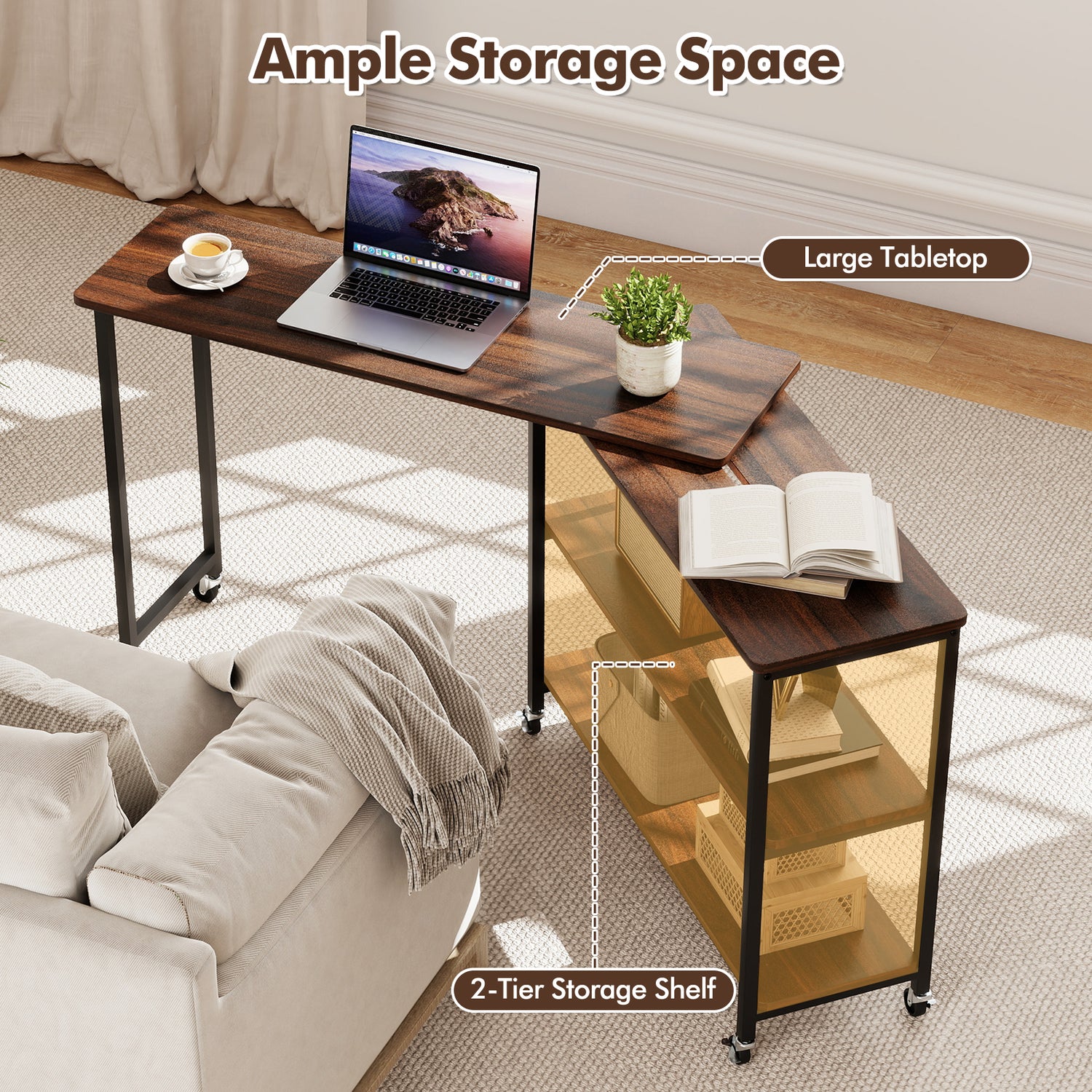 Large 360-Degree Free Rotating Sofa Side Table with Wheels and Storage Shelf