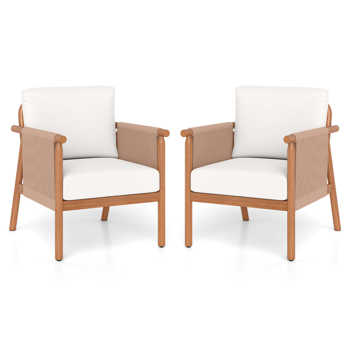 Patio Acacia Wood Chair Set of 2 with Woven Rope Armrests and Seat Back Cushions for Backyard