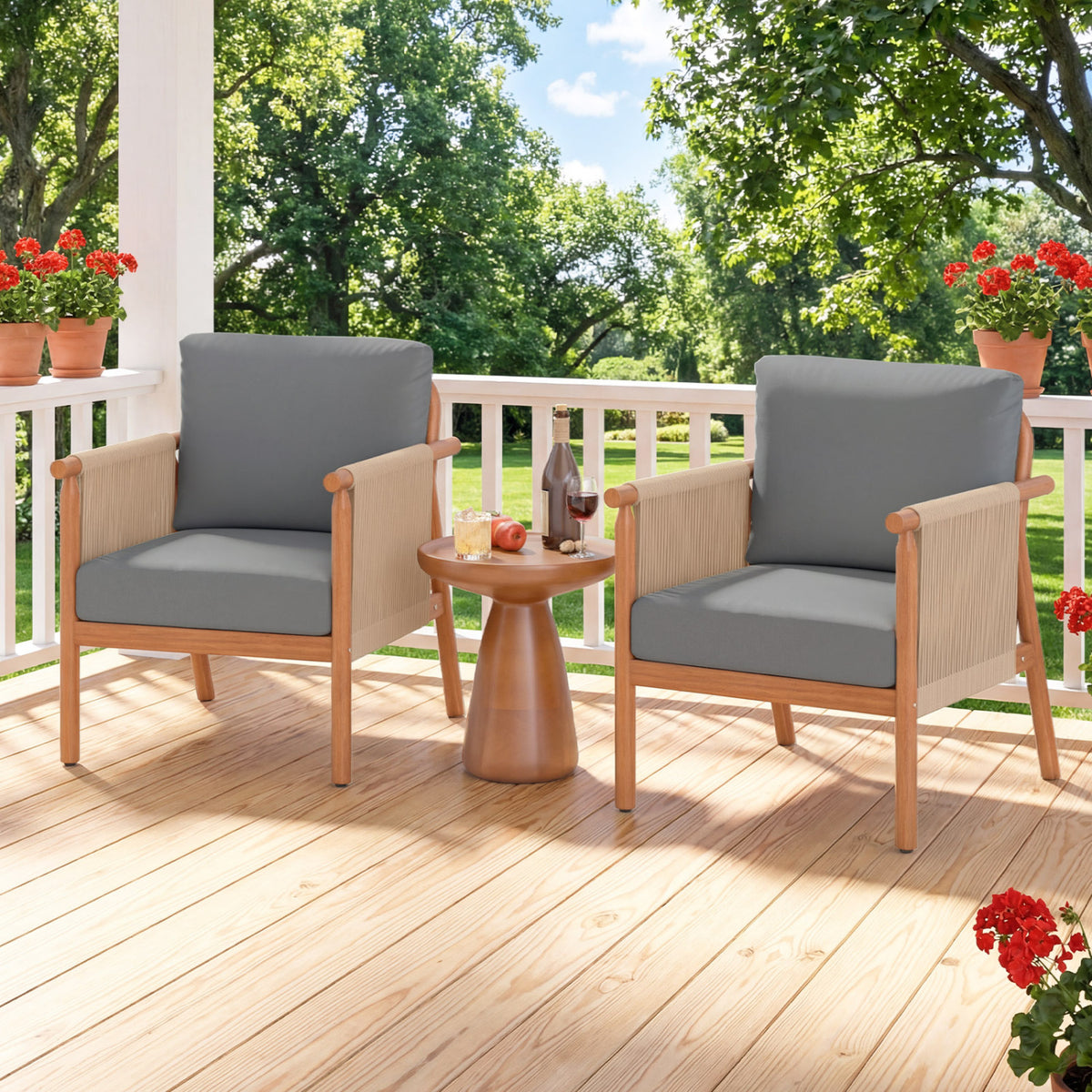 Patio Acacia Wood Chair with Woven Rope Armrests and Seat Back Cushions for Backyard