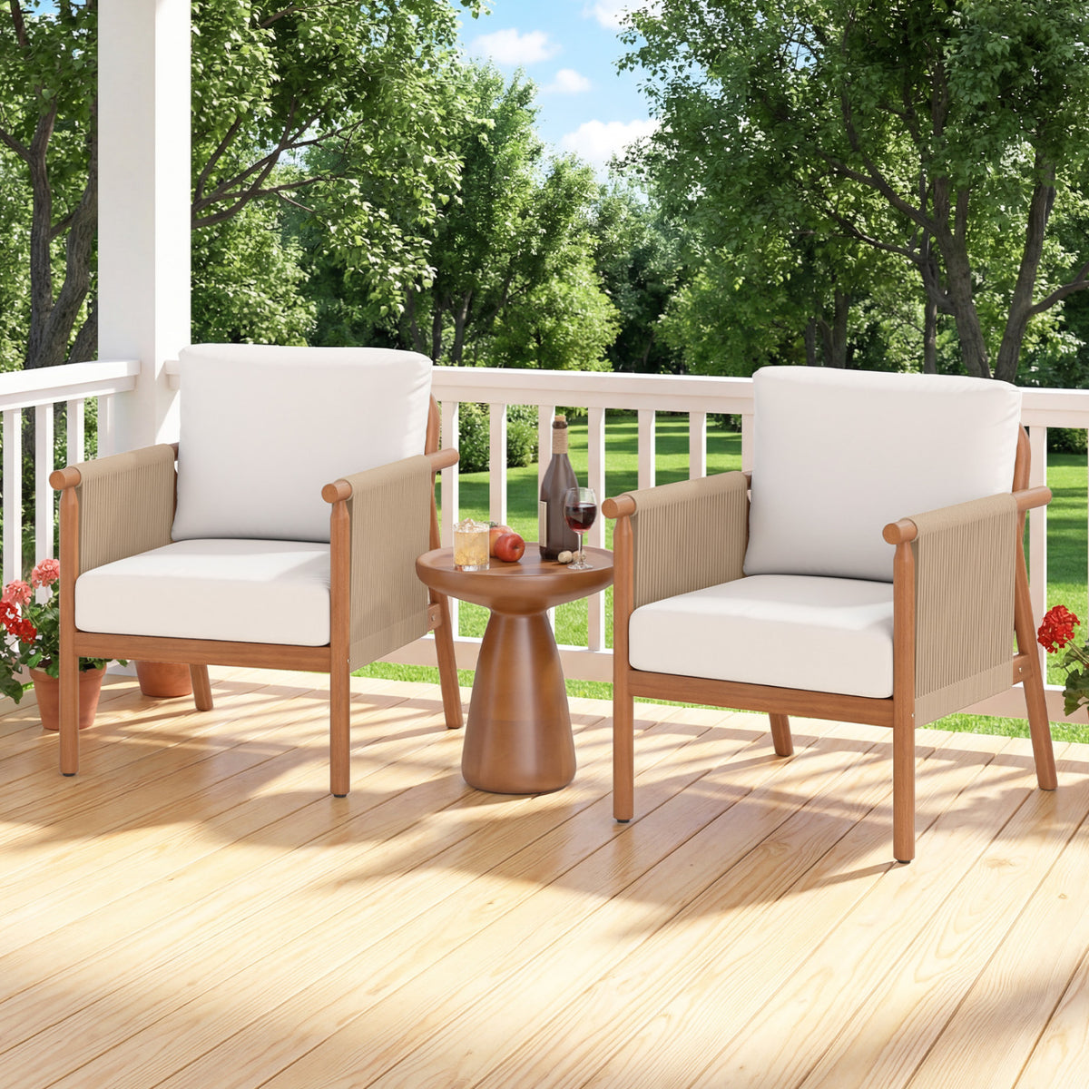 Patio Acacia Wood Chair with Woven Rope Armrests and Seat Back Cushions for Backyard
