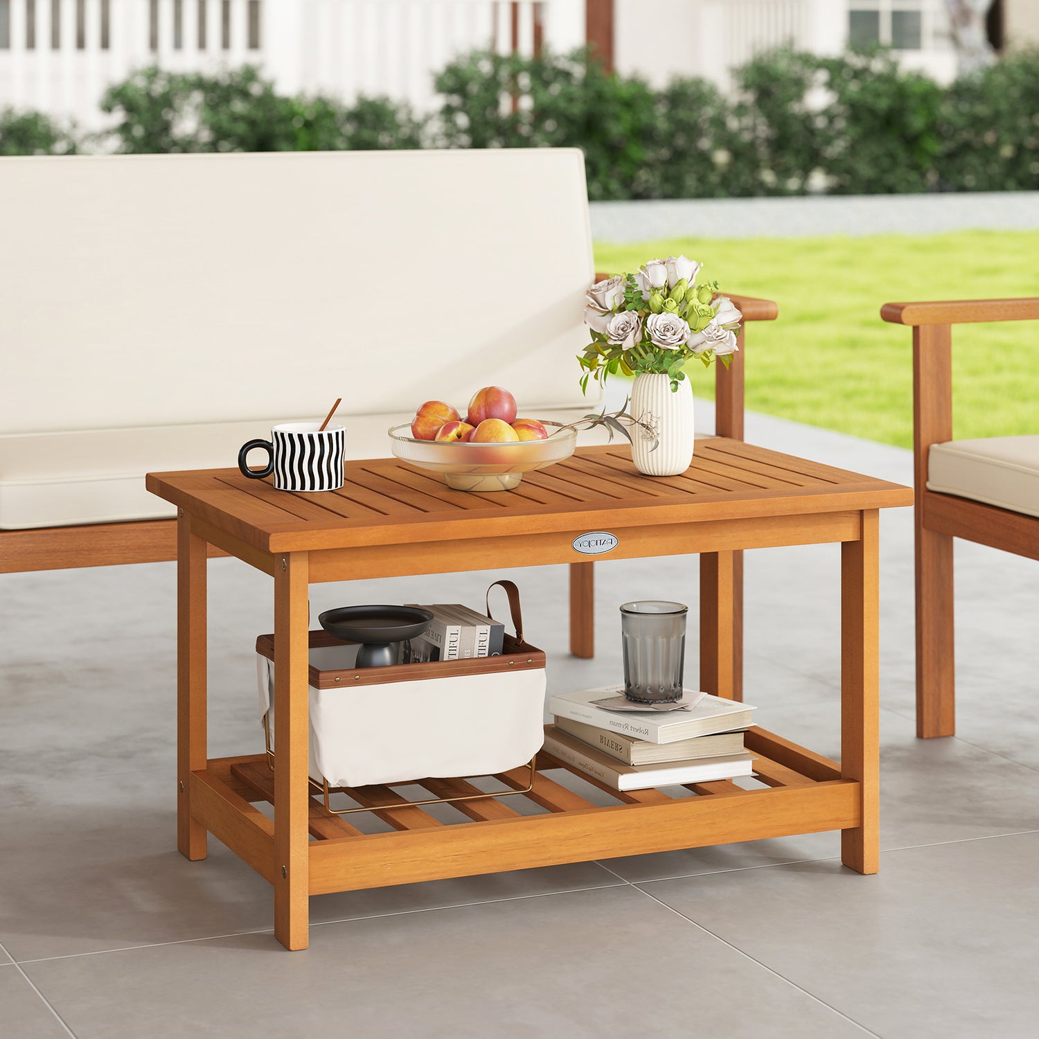 Patio Acacia Wood Coffee Table 2-Tier Rectangular Center Table