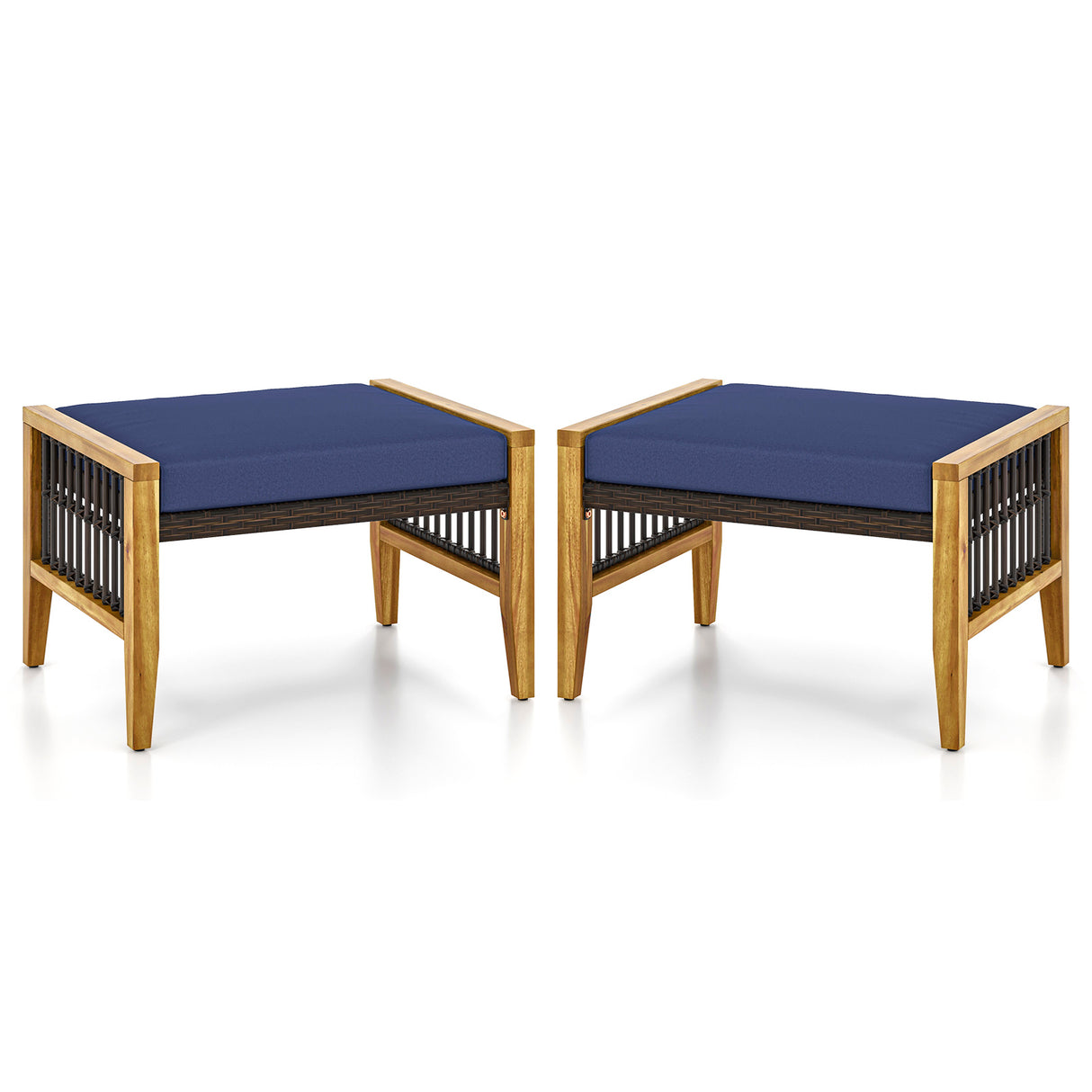 Patio Acacia Wood Ottomans with Cushions and Versatile Rattan Woven Footstools-Navy
