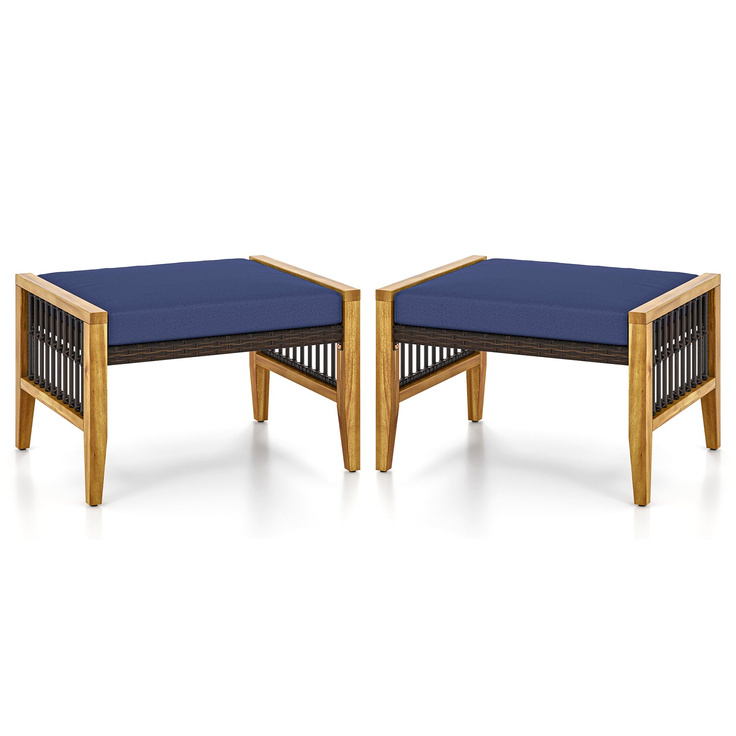 Patio Acacia Wood Ottomans with Cushions and Versatile Rattan Woven Footstools-Navy