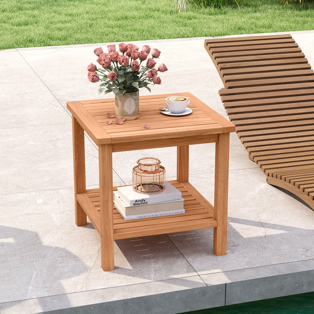 Patio Acacia Wood Side Table with Slatted Tabletop and Storage Shelf