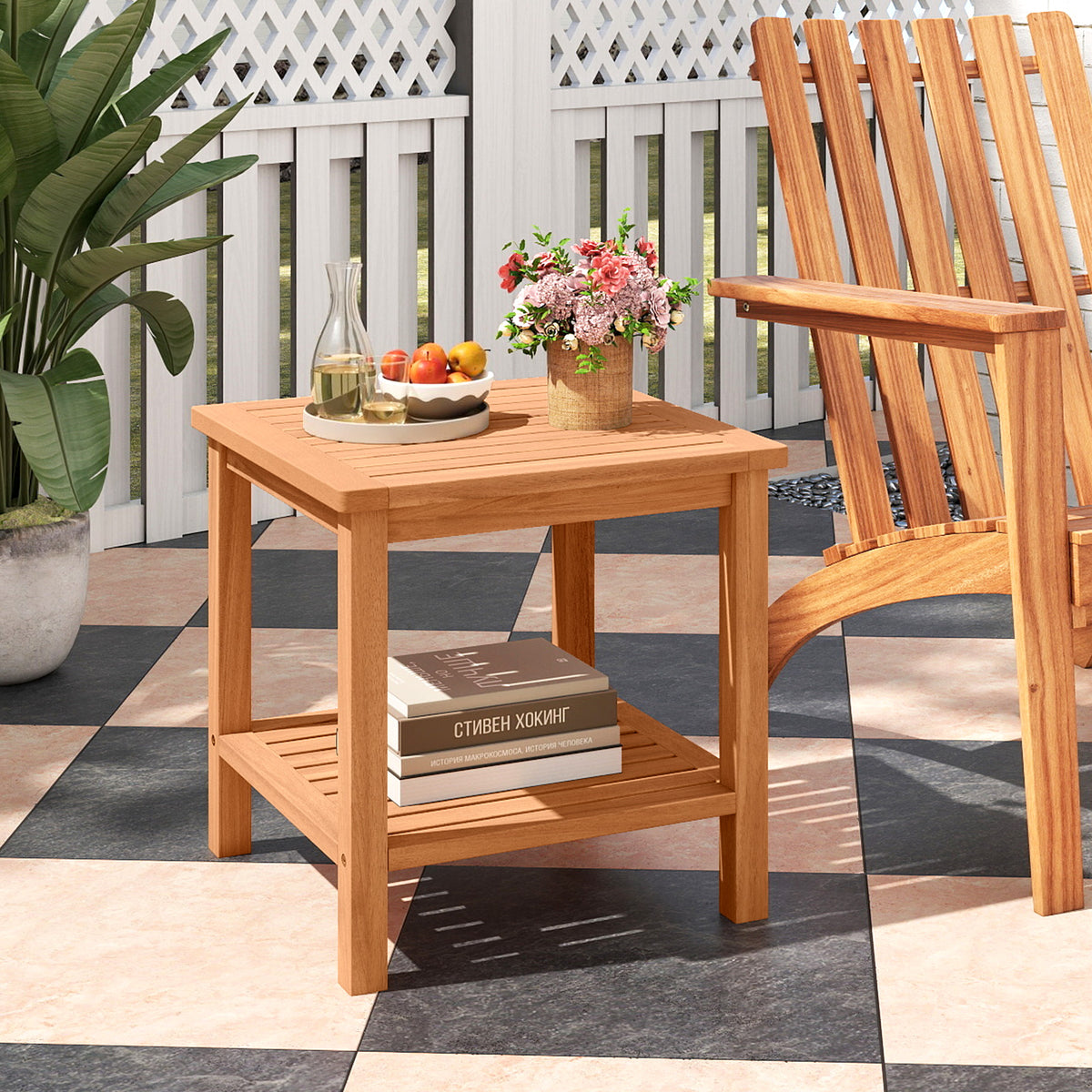 Patio Acacia Wood Side Table with Slatted Tabletop and Storage Shelf