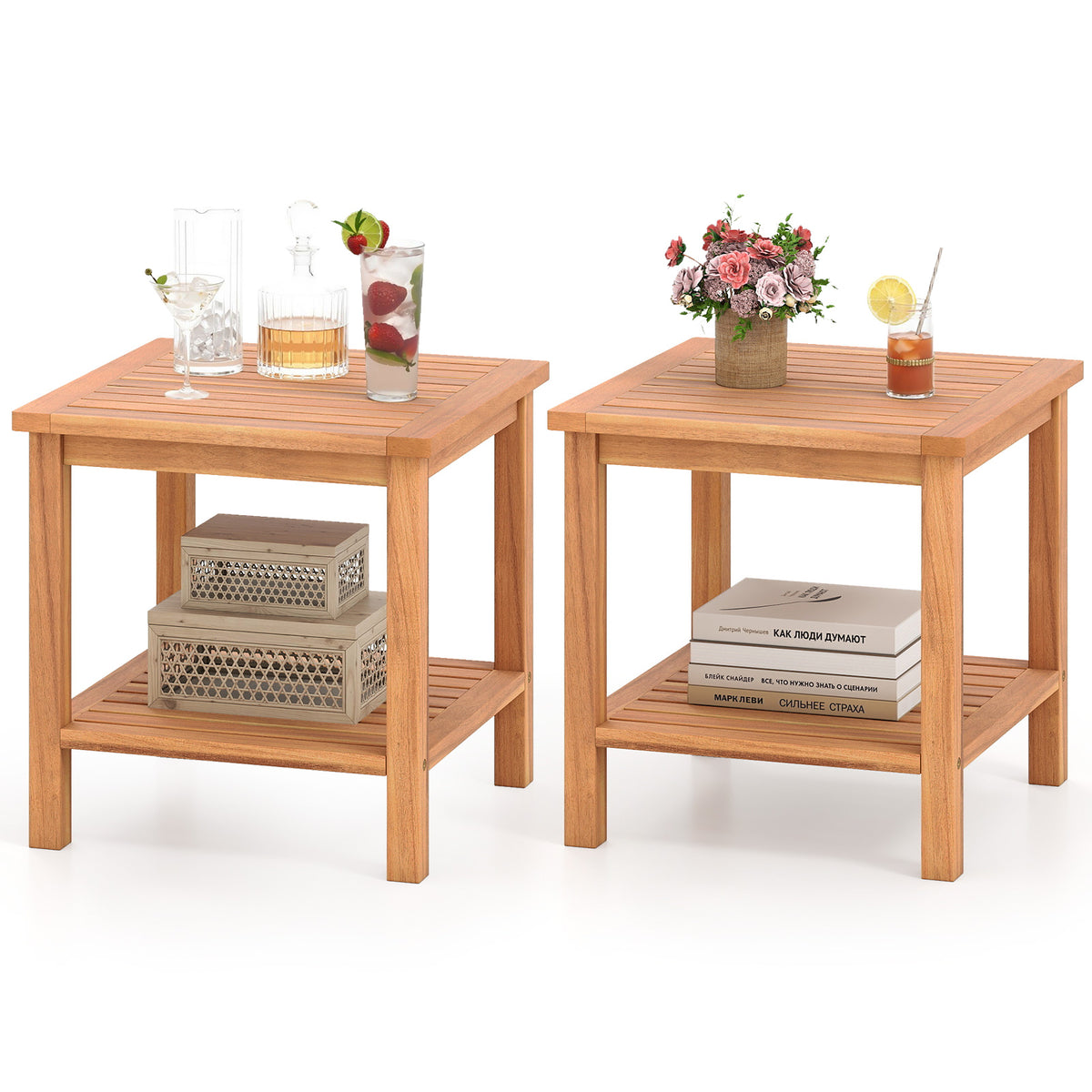 Patio Acacia Wood Side Table Set of 2 with Slatted Tabletop and Storage Shelf