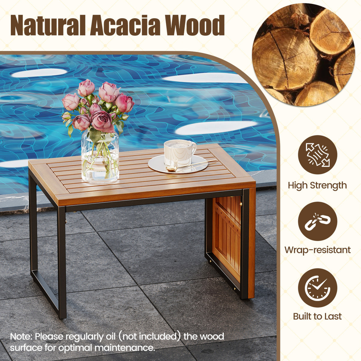 2-in-1 Convertible Patio Acacia Wood Side Table