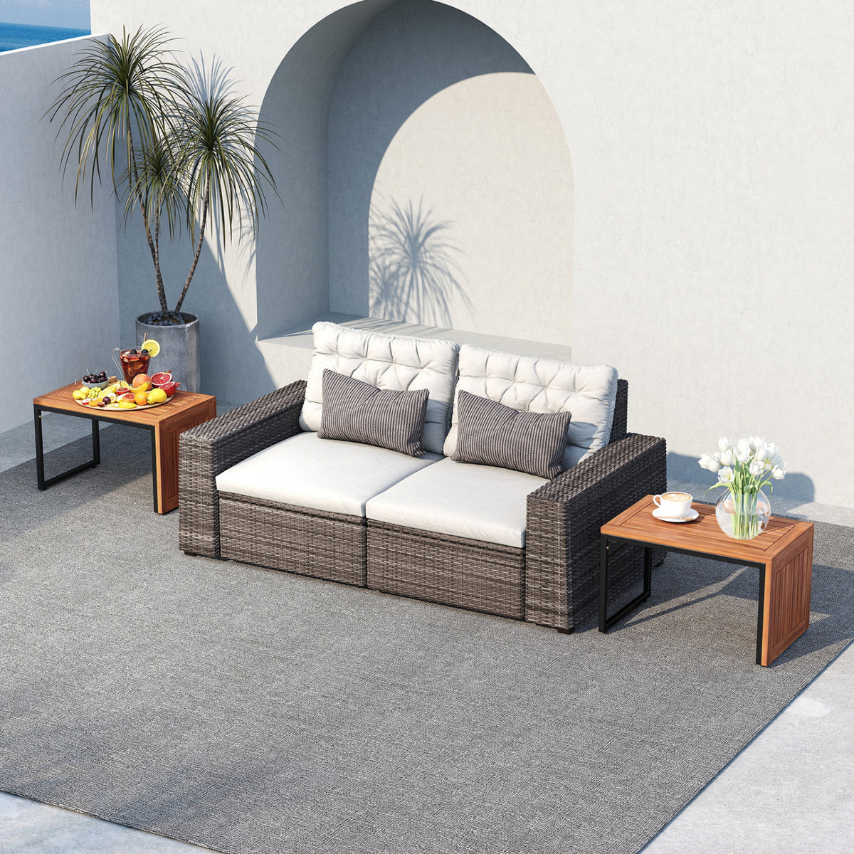2-in-1 Convertible Patio Acacia Wood Side Table Set of 2