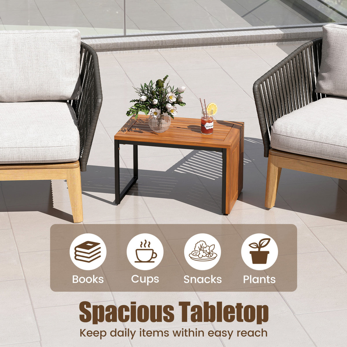 2-in-1 Convertible Patio Acacia Wood Side Table Set of 2