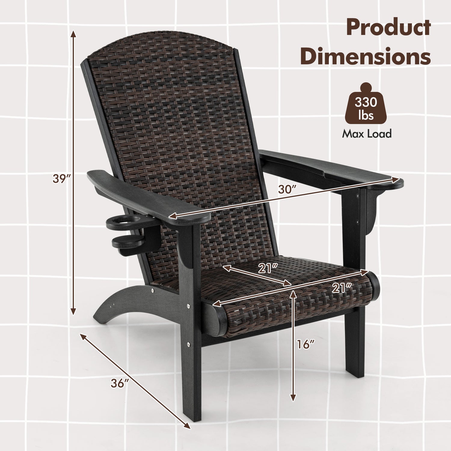 Patio Adirondack Chair with Rattan Padded Seat and Hidden Cupholder