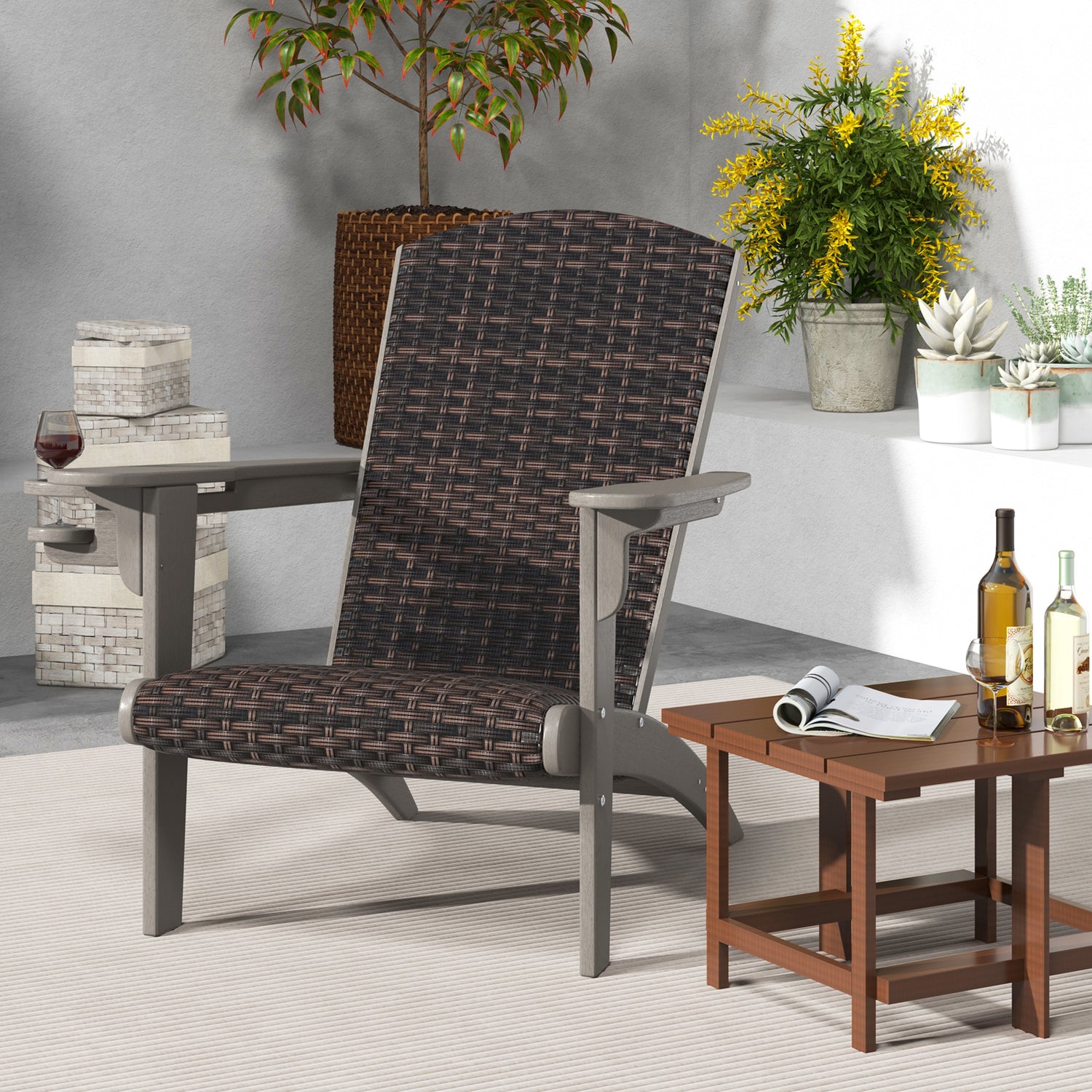Patio Adirondack Chair with Rattan Padded Seat and Hidden Cupholder
