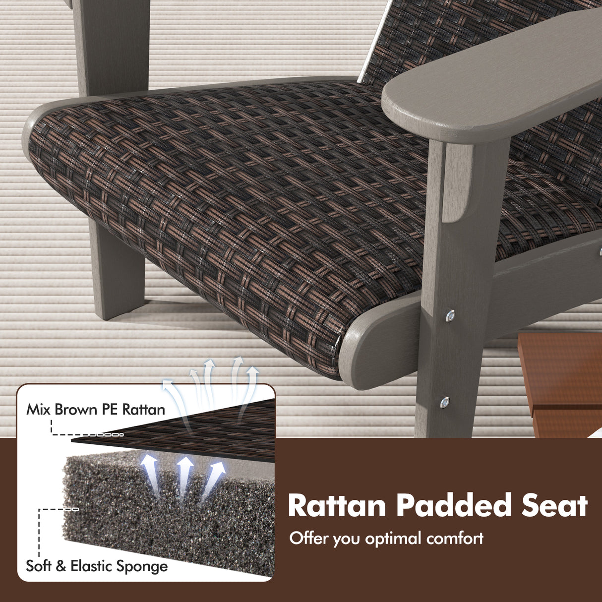 Patio Adirondack Chair with Rattan Padded Seat and Hidden Cupholder