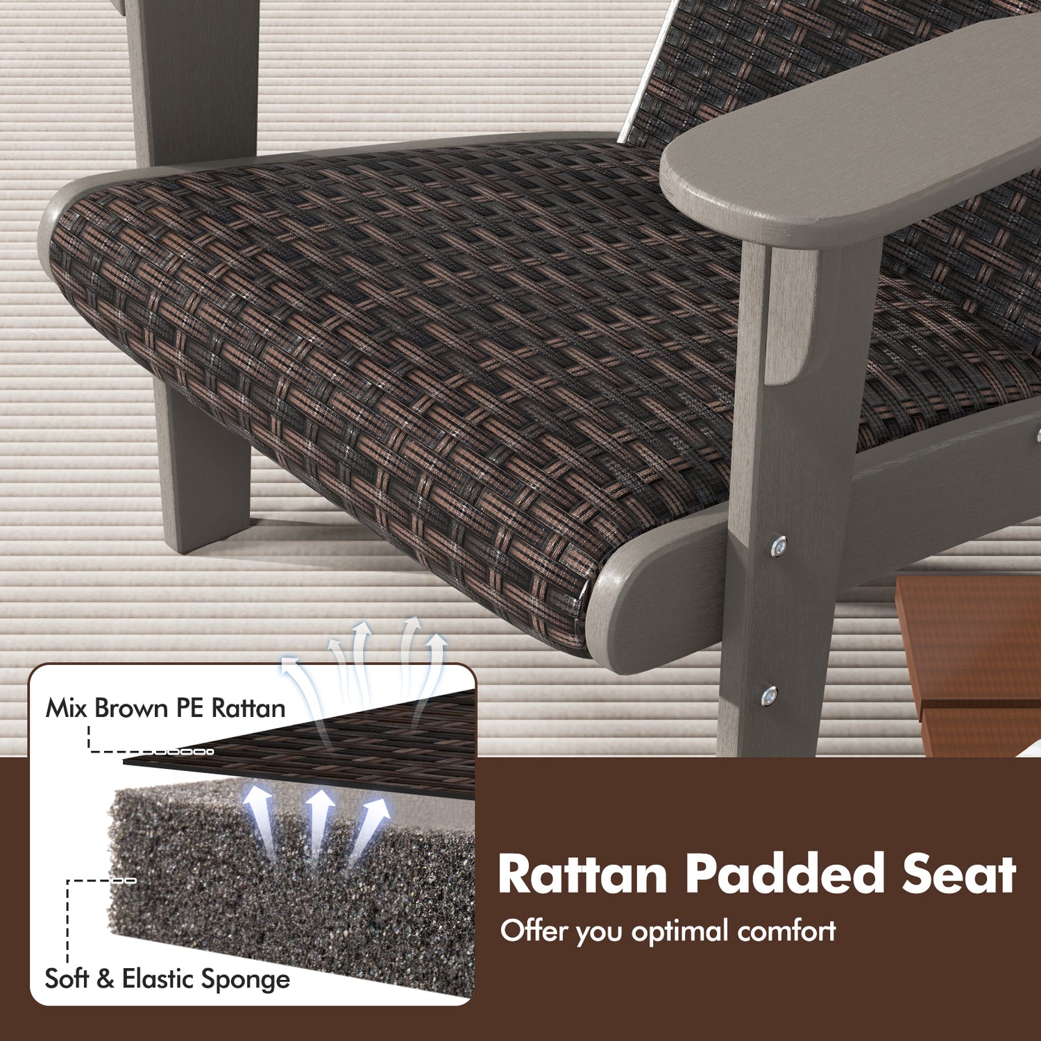 Patio Adirondack Chair with Rattan Padded Seat and Hidden Cupholder