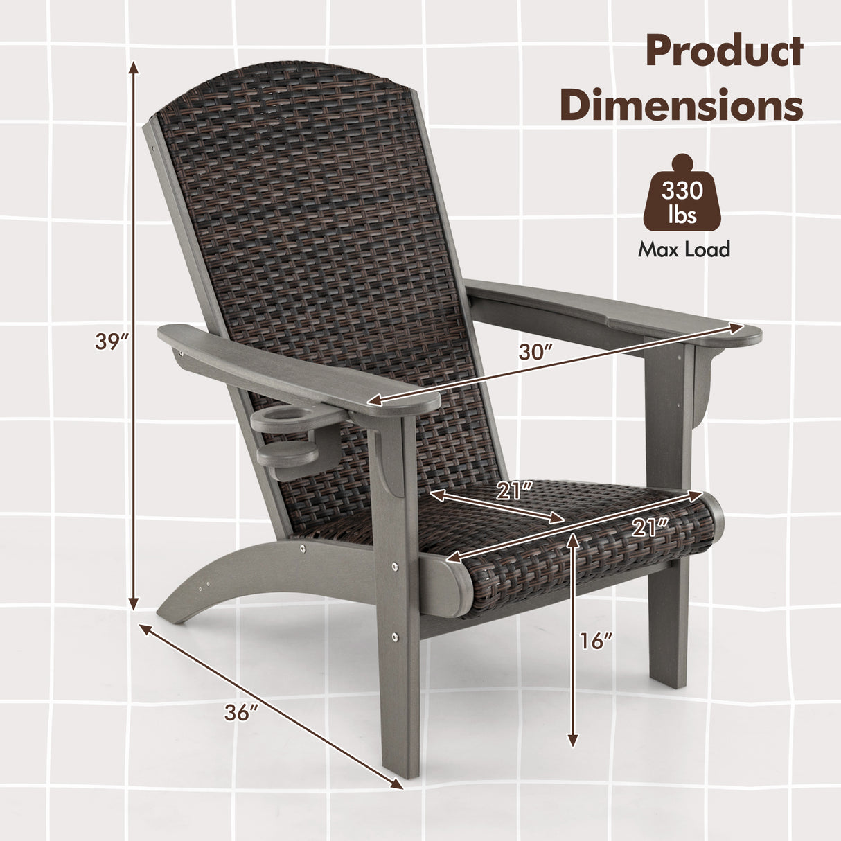 Patio Adirondack Chair with Rattan Padded Seat and Hidden Cupholder