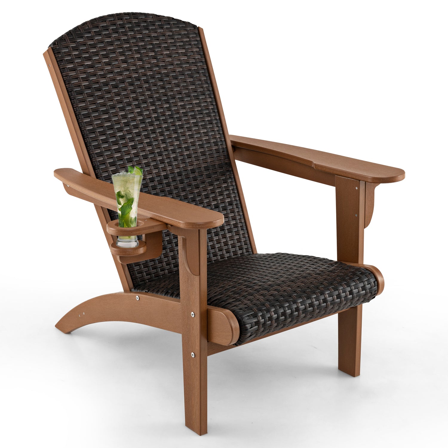 Patio Adirondack Chair with Rattan Padded Seat and Hidden Cupholder