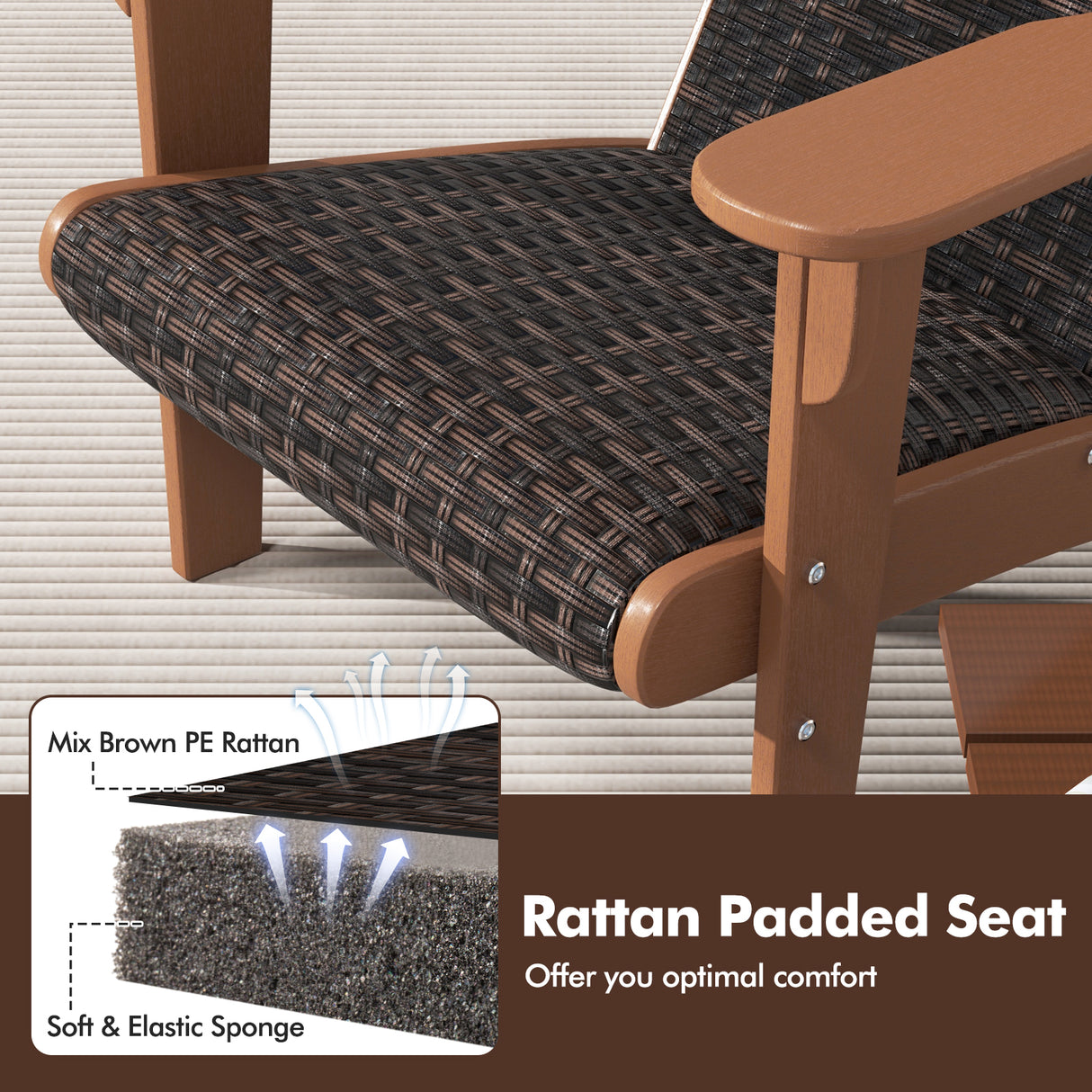 Patio Adirondack Chair with Rattan Padded Seat and Hidden Cupholder