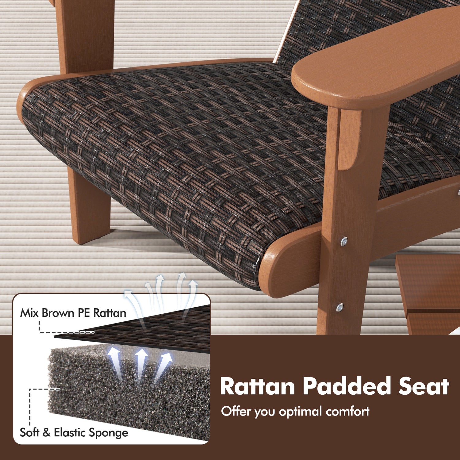 Patio Adirondack Chair with Rattan Padded Seat and Hidden Cupholder