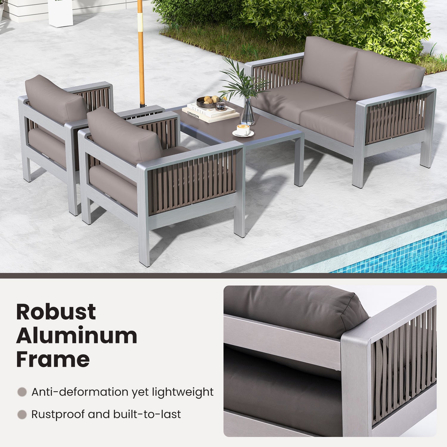 Patio Aluminum Loveseat Sofa Outdoor Furniture Set with Thick Back and Seat Cushions-Gray