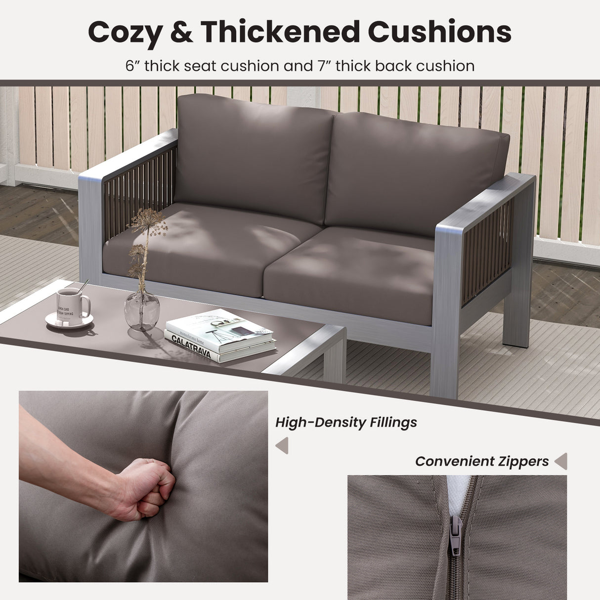 Patio Aluminum Loveseat Sofa Outdoor Furniture Set with Thick Back and Seat Cushions-Gray