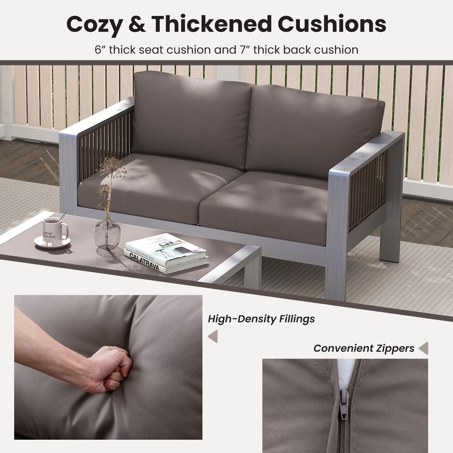 Patio Aluminum Loveseat Sofa Outdoor Furniture Set with Thick Back and Seat Cushions-Gray