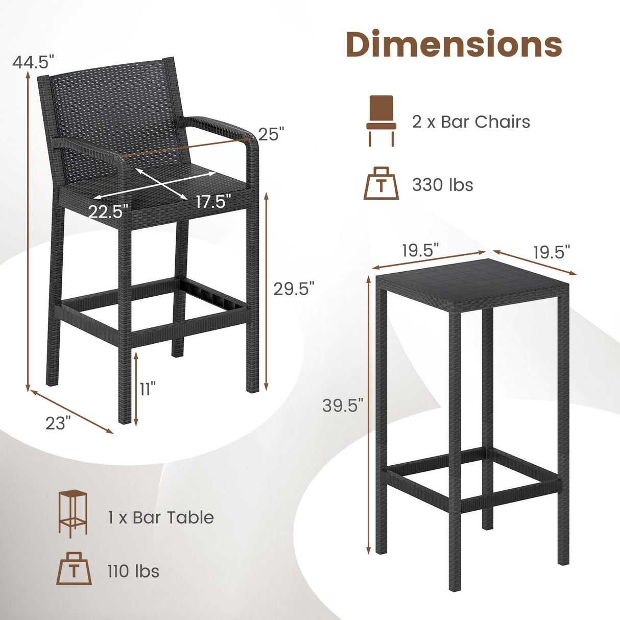 3 Pieces Patio Bar Set with 2 Stools and 1 Bar Table-Black