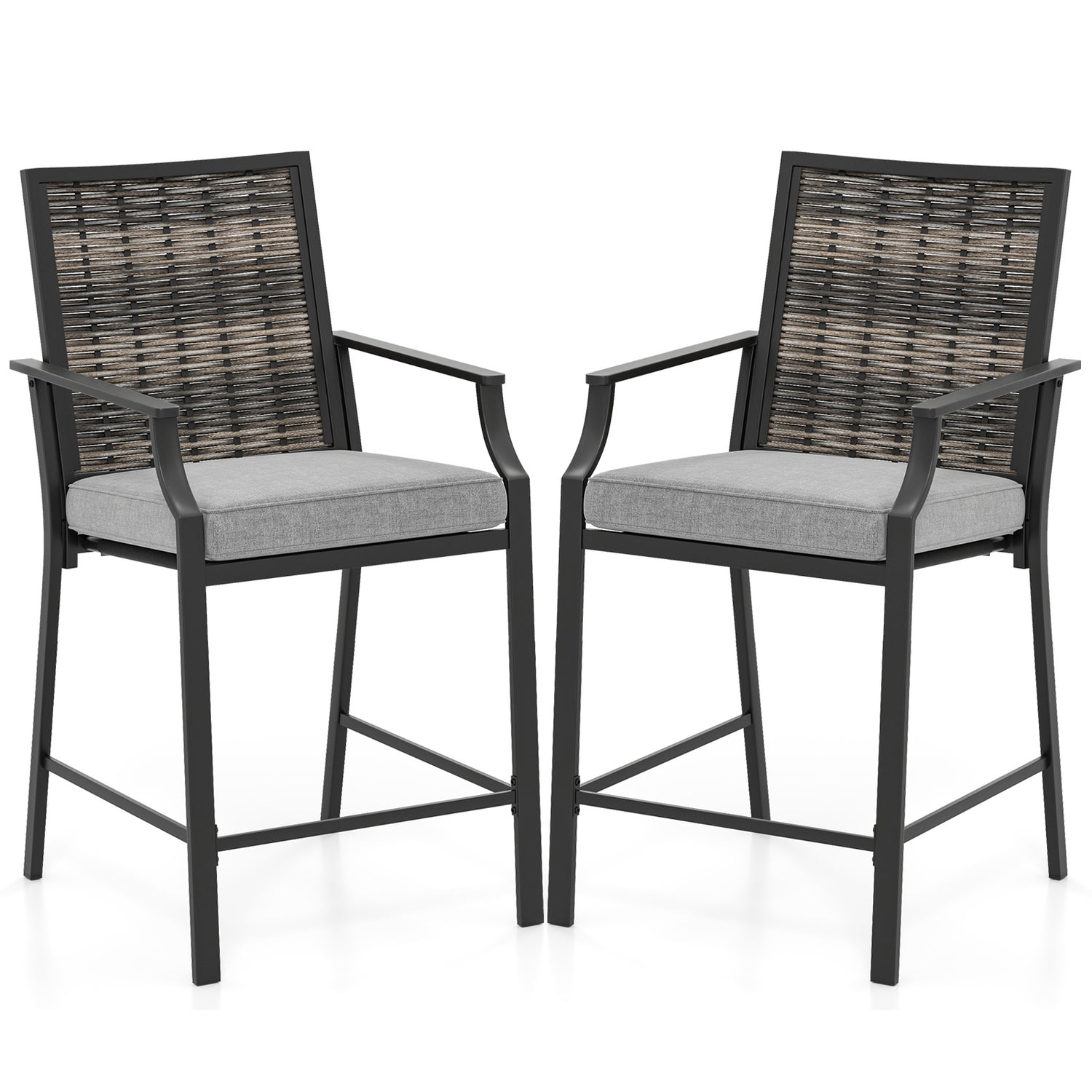 Patio Bar Stools Set of 2 Counter Height Rattan Bar Chairs with Armrest-Grey