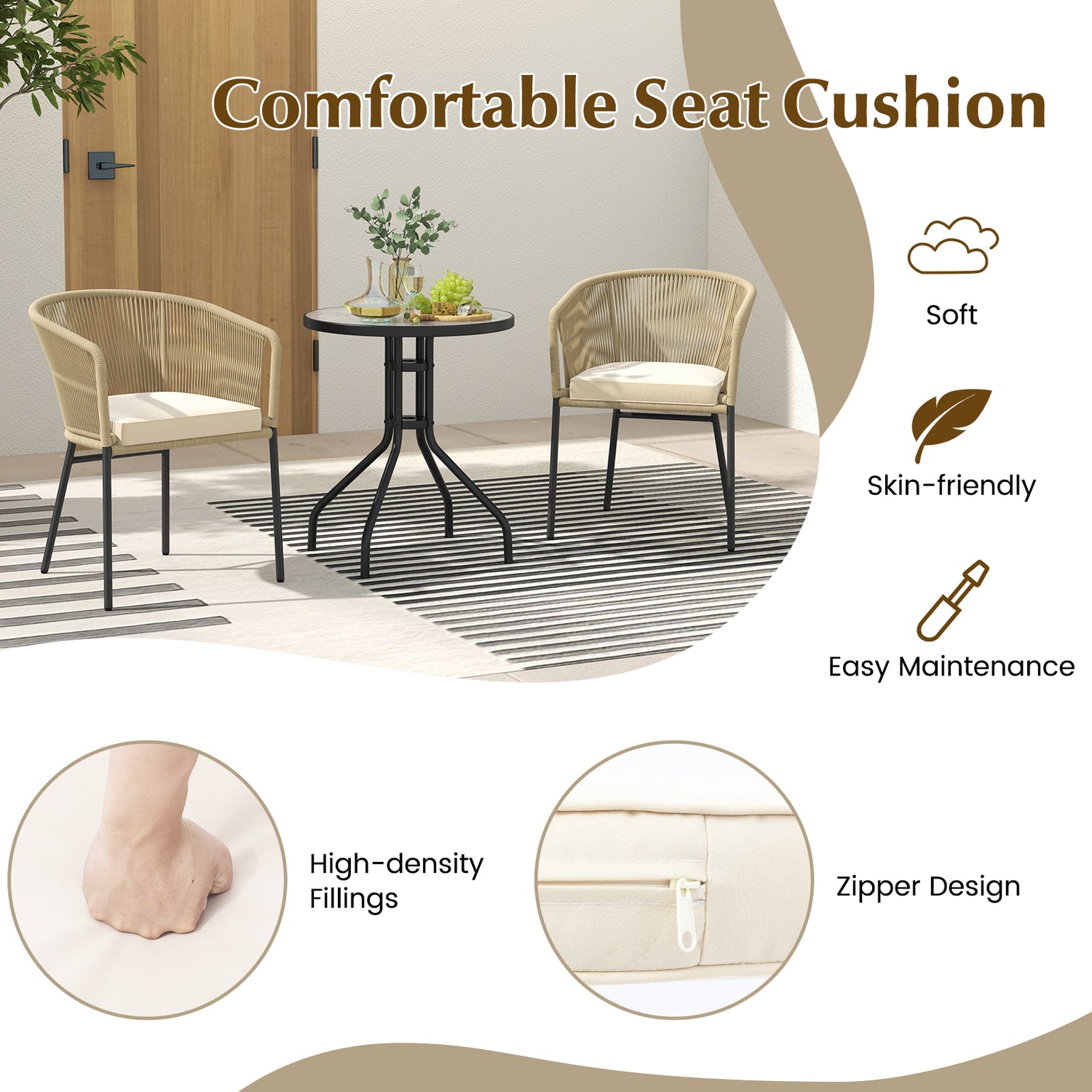 Patio Chairs Set of 4 with Curved Backrest and Seat Cushion for Patio
