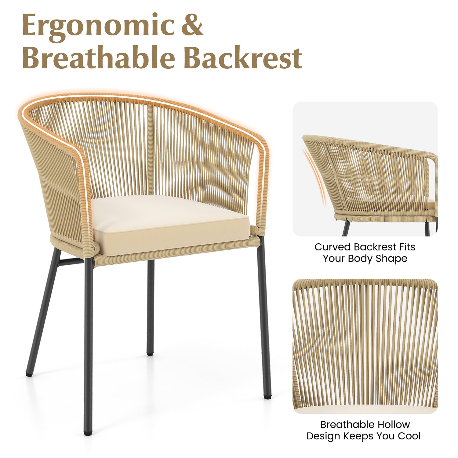Patio Chairs Set of 4 with Curved Backrest and Seat Cushion for Patio